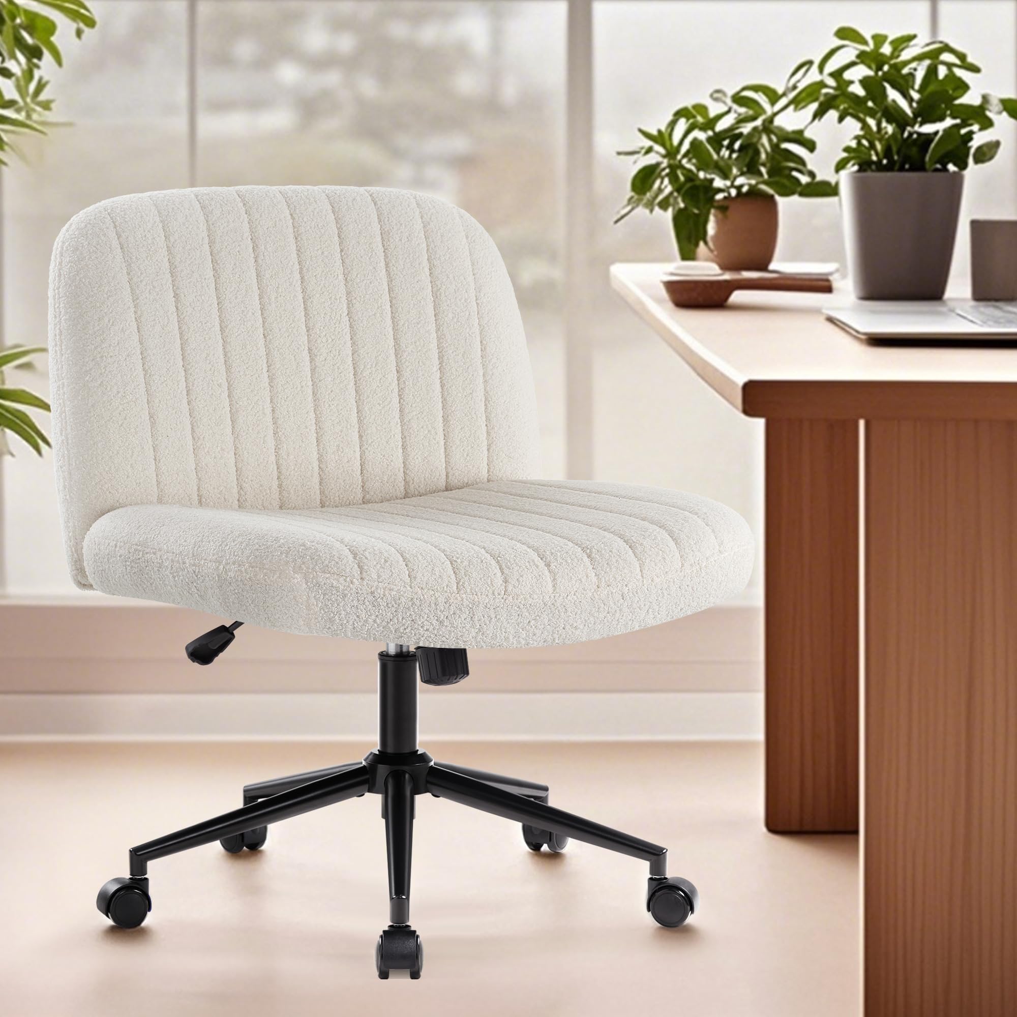 IWMH Criss Cross Chair with Wheels,Armless Wide Seat Office Chair,Teddy Fabric,Cross Legged fluffy Desk Chair,Height Adjustable 