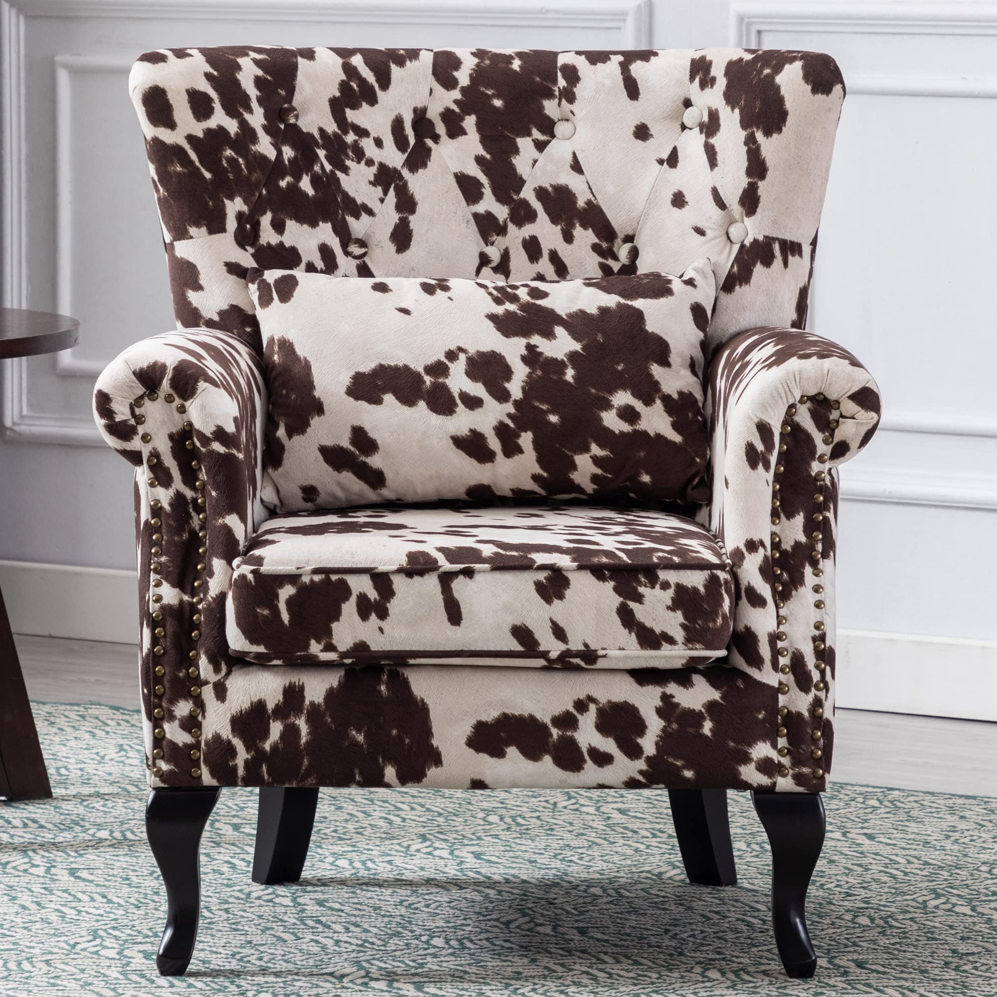 Janoray Mid Century Modern Accent Chair Upholstered Armchair Comfy Cowhide-Print Fabric Single Sofa with Tufted Wingback for Sma