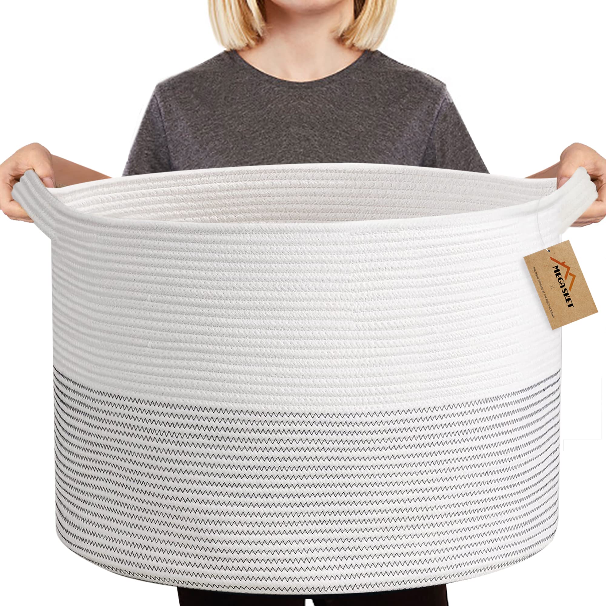 MEGASKET XXXL Large Cotton Rope Blanket Basket for Living Room, Woven Rope Storage Baskets for Organizing, Nursery Kids Toy Bask