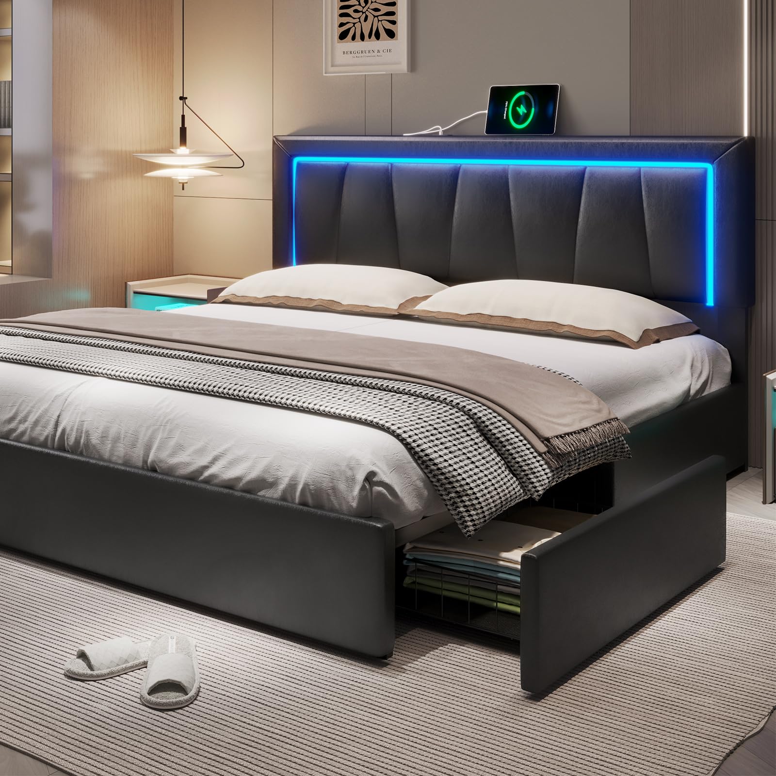 Hasuit California King Bed Frame with 4 Storage Drawers Underneath, Upholstered Platform Bed Cal King Size with Artificial Leath
