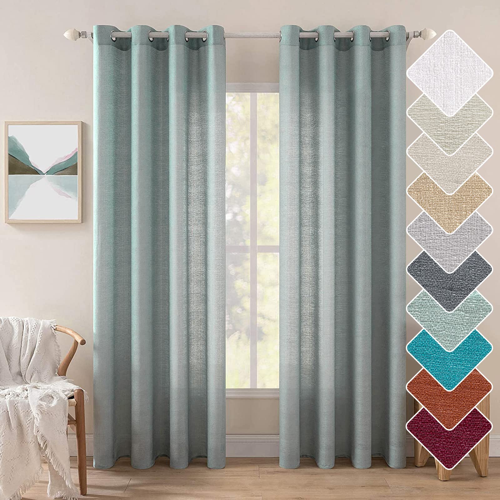 MIULEE Teal Green Faux Linen Textured Curtains 2 Panels for Bedroom Living Room Thick Linen Look Light Filtering Privacy Semi Sh