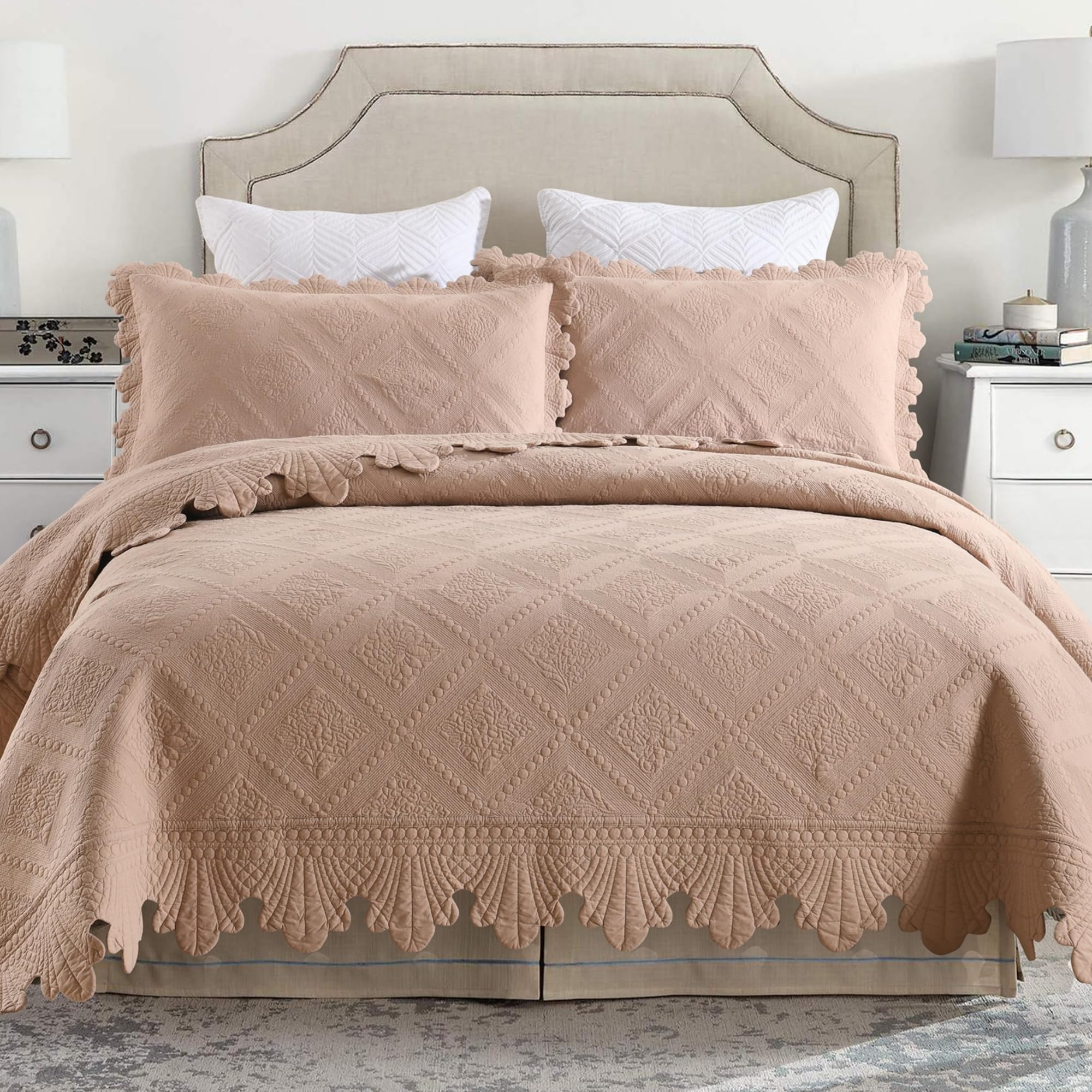 MarCielo 3-Piece 100% Cotton Oversized Bedspread Lightweight Quilt Coverlet Embroidery Farmhouse Bedding Set (TK Pale Taupe Came