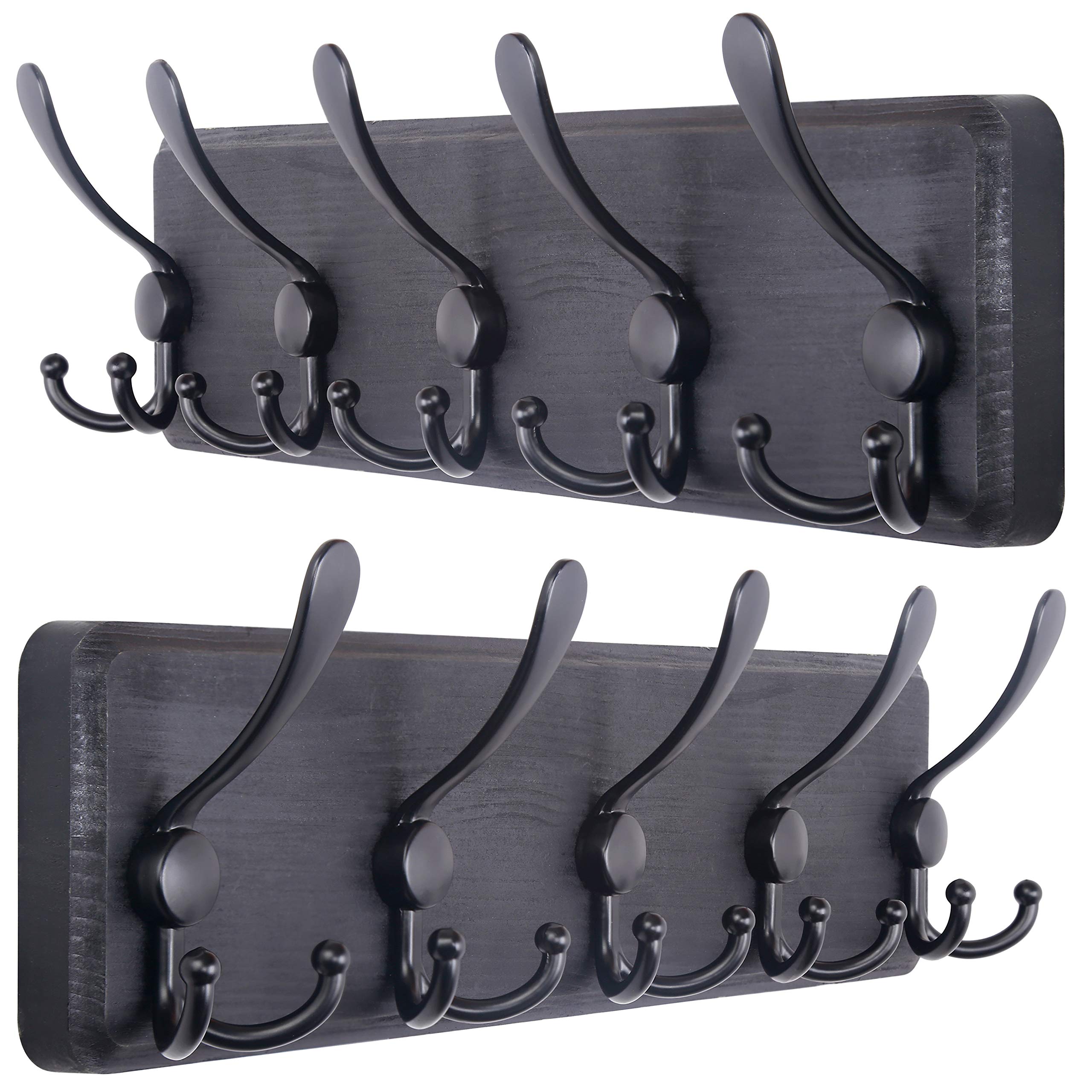 SKOLOO Coat Rack Wall Mounted - Pack of 2, Wooden, Heavy Duty, Rustic Coat Hooks for Wall, 16 Hole to Hole, Wall Coat Rack wit