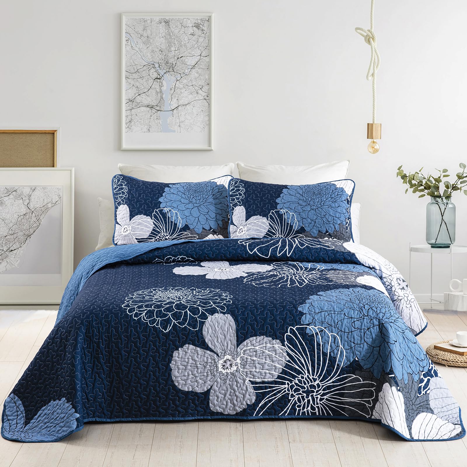 3 Pieces Navy Blue Floral Pattern Quilts Set Queen Size - Reversible Microfiber Flowers Pattern Coverlet Bedding Set with 2 Pill