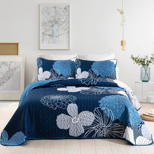 3 Pieces Navy Blue Floral Pattern Quilts Set Queen Size - Reversible Microfiber Flowers Pattern Coverlet Bedding Set with 2 Pill