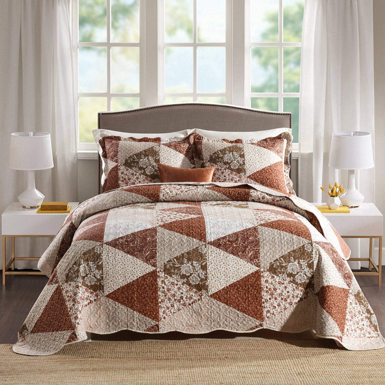 HoneiLife Quilt Set King Size - 3 Piece Microfiber Quilts Reversible Bedspreads Patchwork Coverlets Floral Bedding Set All Seaso