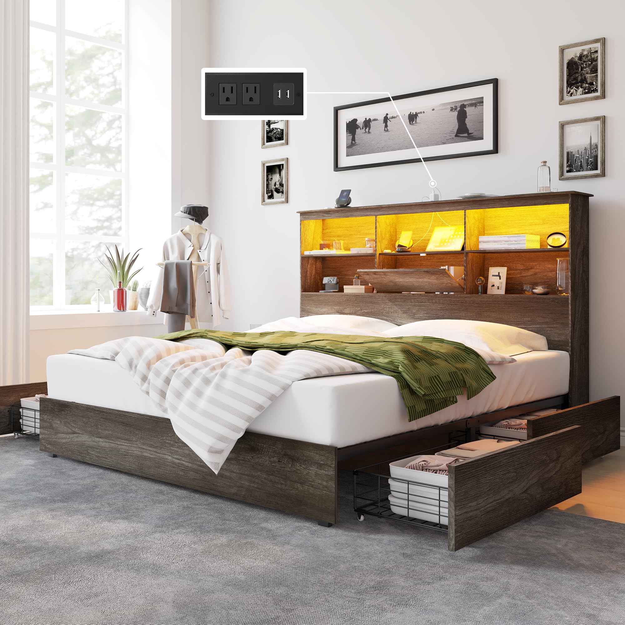 AMERLIFE King Size Bed Frame Wooden Platform Bed with 51.2 Storage LED Bookcase Headboard, 4 Storage Drawers & Charging Station/