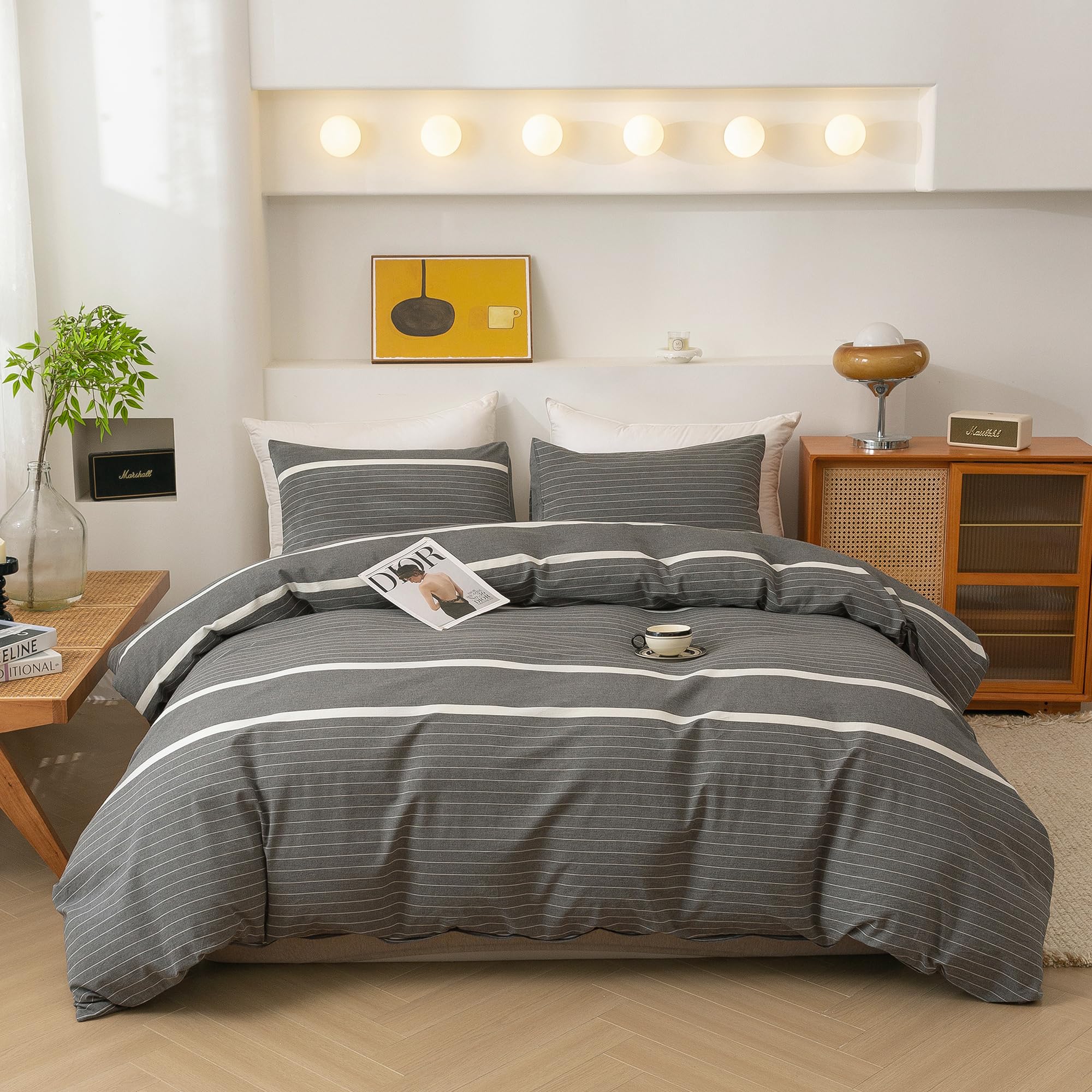 ECOCOTT 3 Pieces Duvet Cover Set King 100% Washed Cotton 1 Duvet Cover with Zipper and 2 Pillowcases, Ultra Soft and Easy Care B