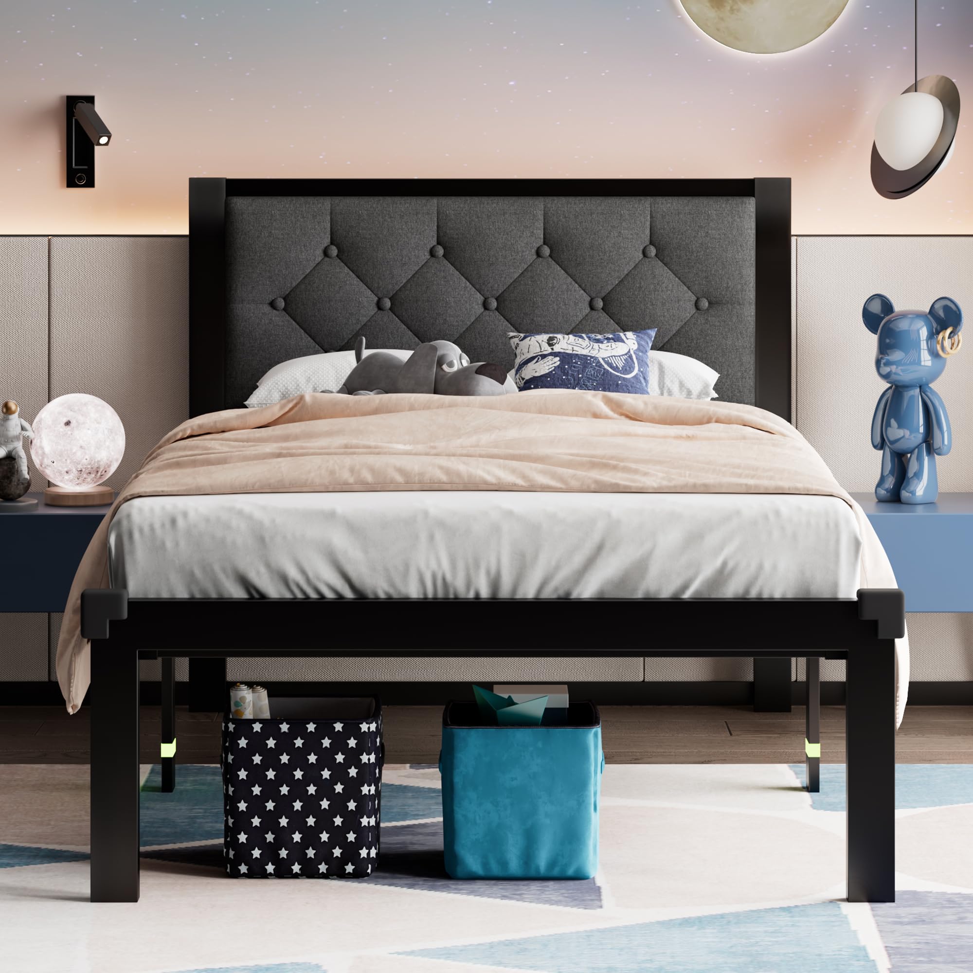 Feonase Twin Size Metal Bed Frame with Linen Upholstered Headboard, Heavy-Duty Platform Bed Frame with 12 Storage, Steel Slats S