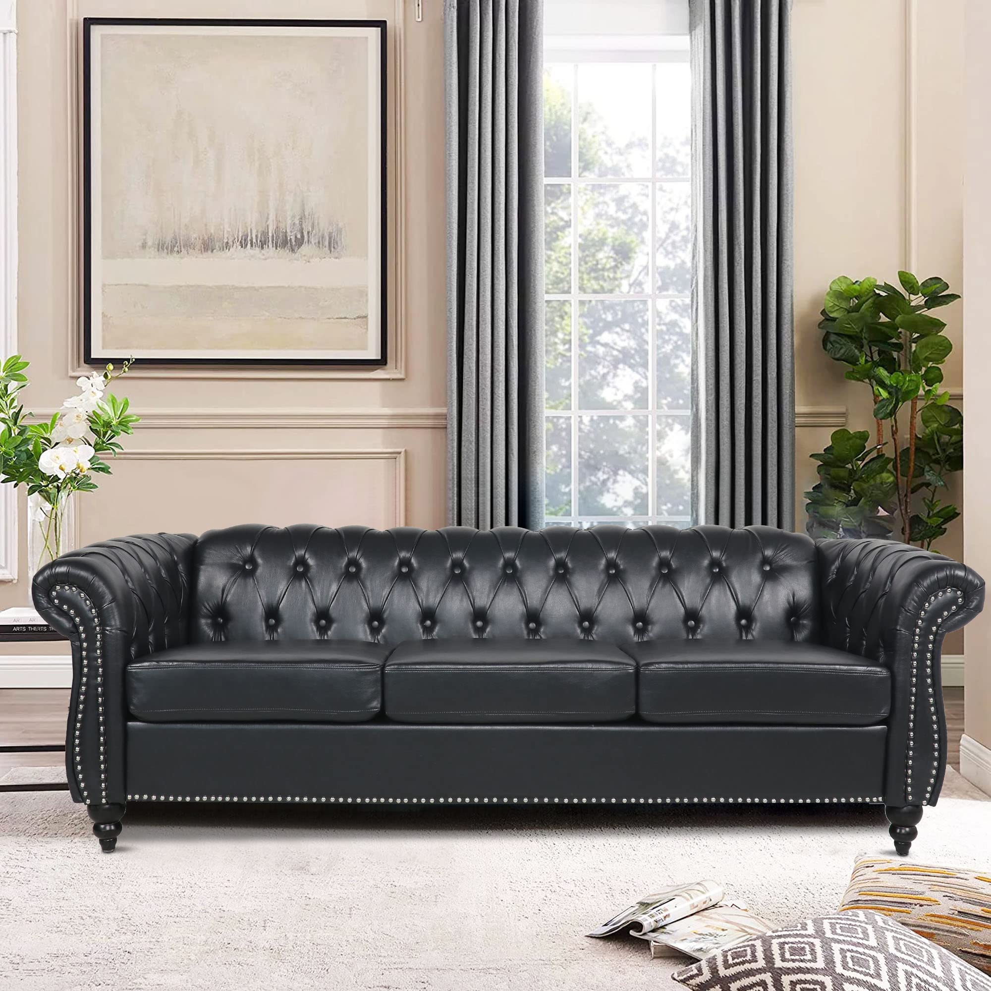 LEVNARY Chesterfield Sofa, Classic Tufted Upholstered Leather Couch, Modern 3 Seater Couch Furniture with Tufted Back for Living