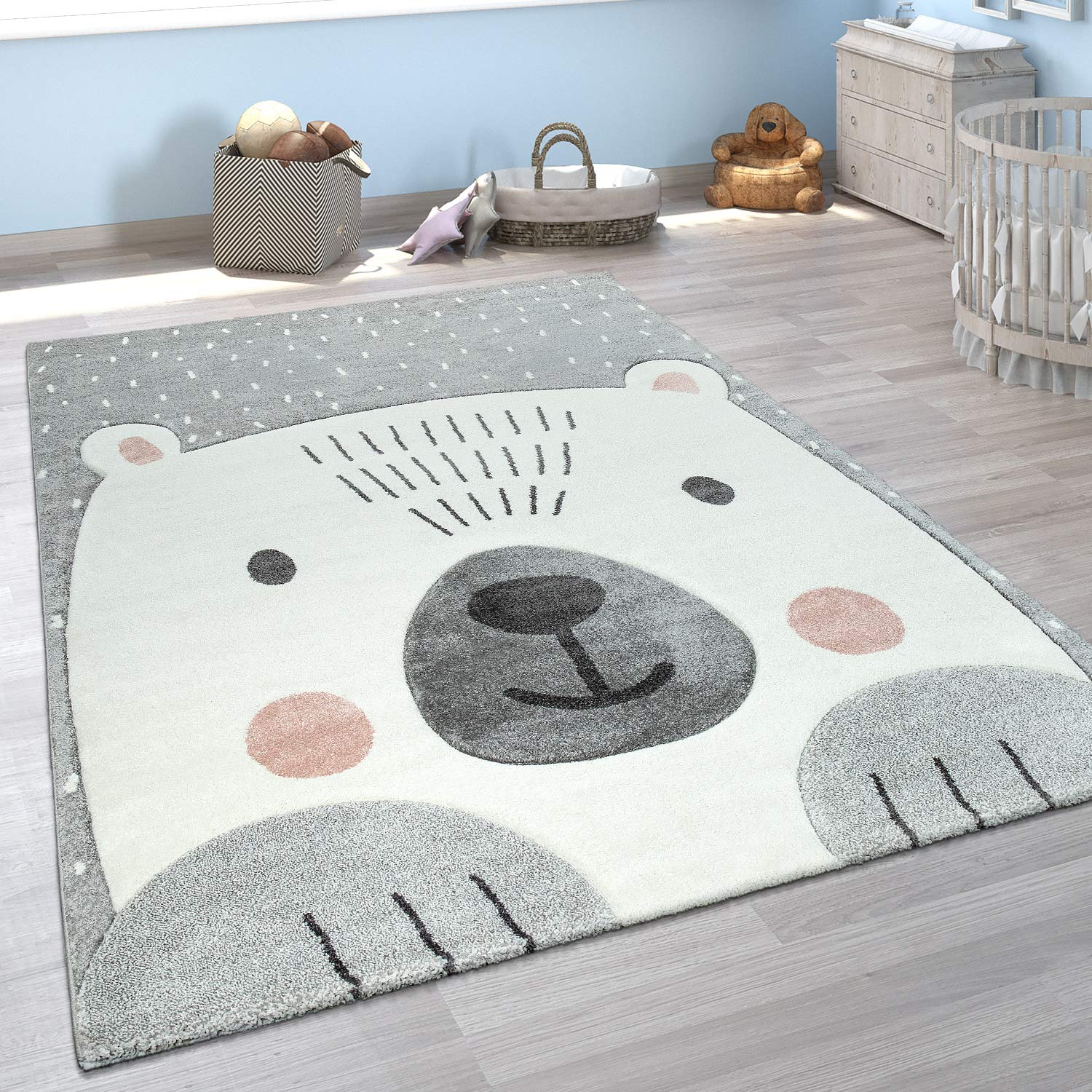 Paco Home Kids Room Rug with a cute Bear in Grey White, Size: 47 x 67