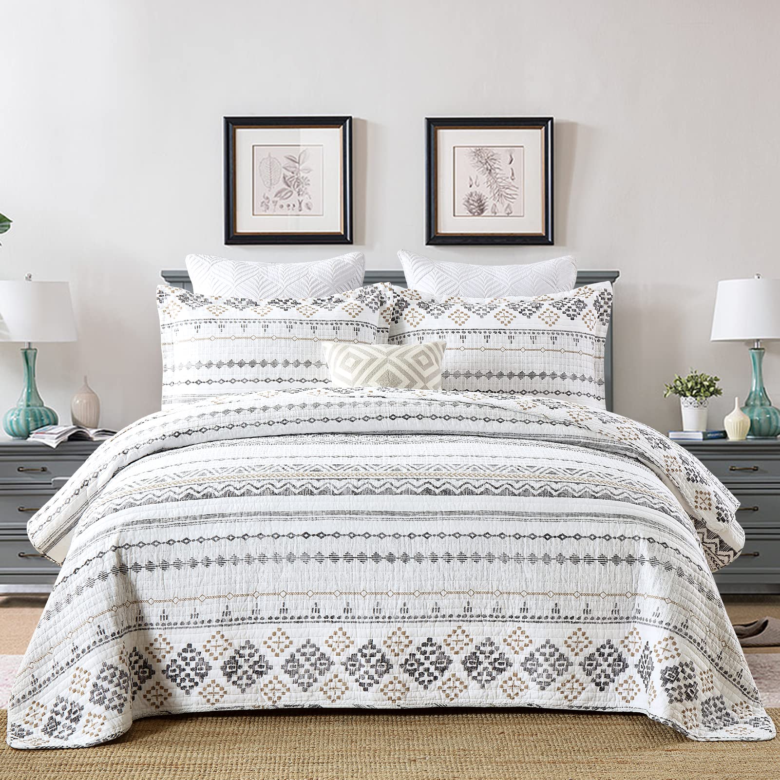SahSahCasa Quilt Queen Size, Queen Quilt Set, 100% Cotton Boho, Bedding Set Bedspreads, Bohemian Reversible Lightweight Striped 