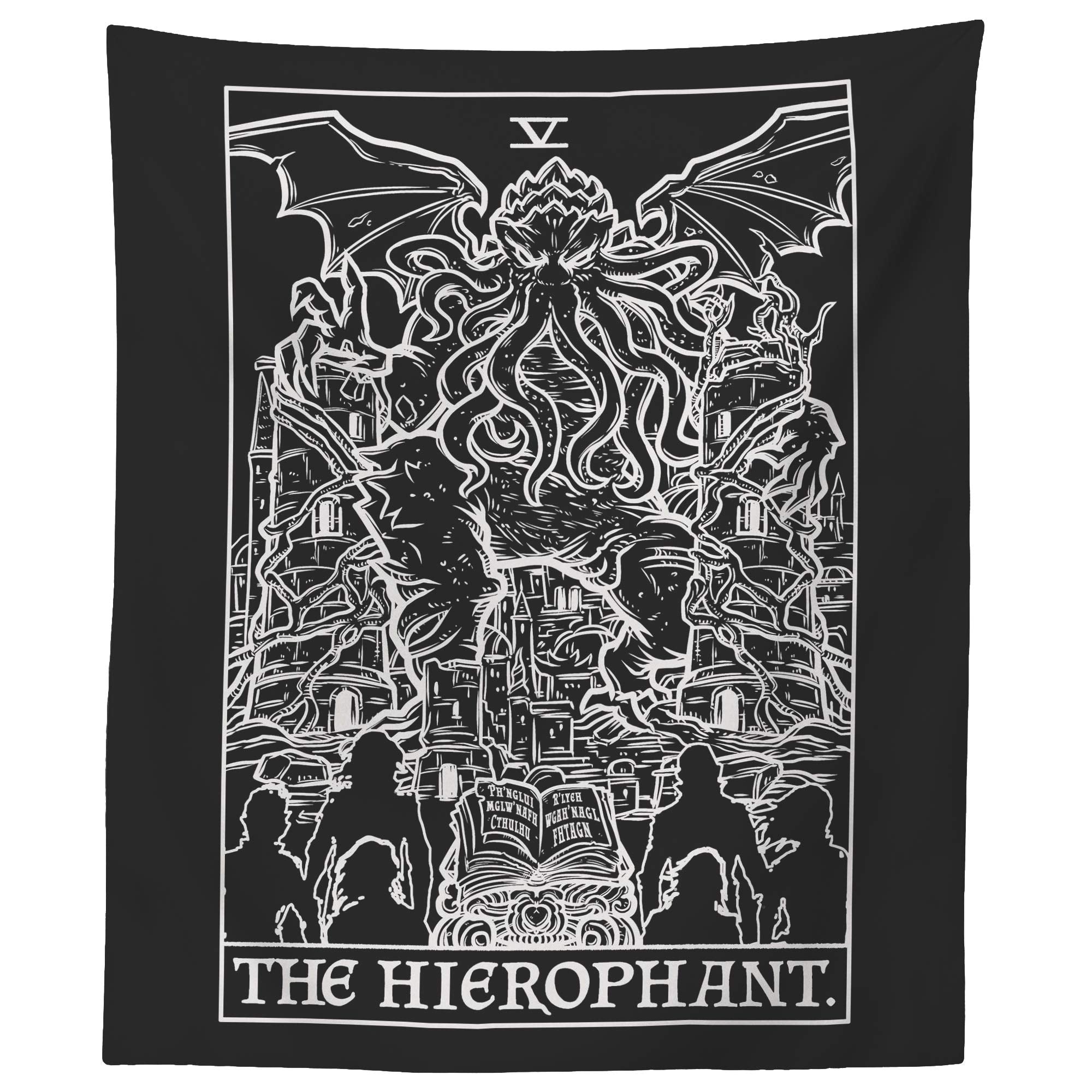 The Hierophant Tarot Card Tapestry (Black & White) - Cthulhu - Vintage Horror Home Decor Wall Hanging (60 x 50)
