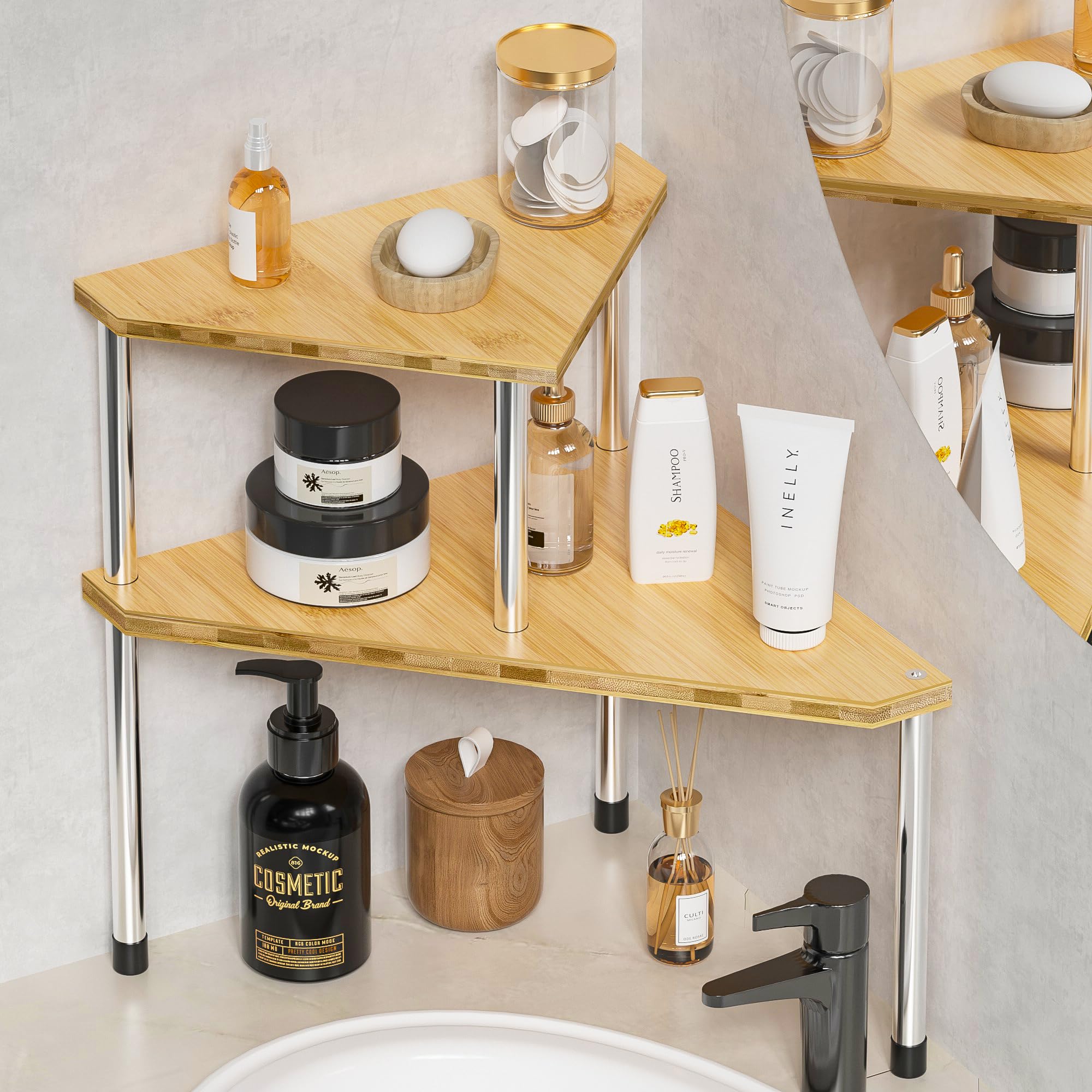 Weenson Bathroom Organizer Countertop Corner Shelf - 2 Tier Bathroom Organization Bamboo Spice Rack Kitchen Countertop Organizer