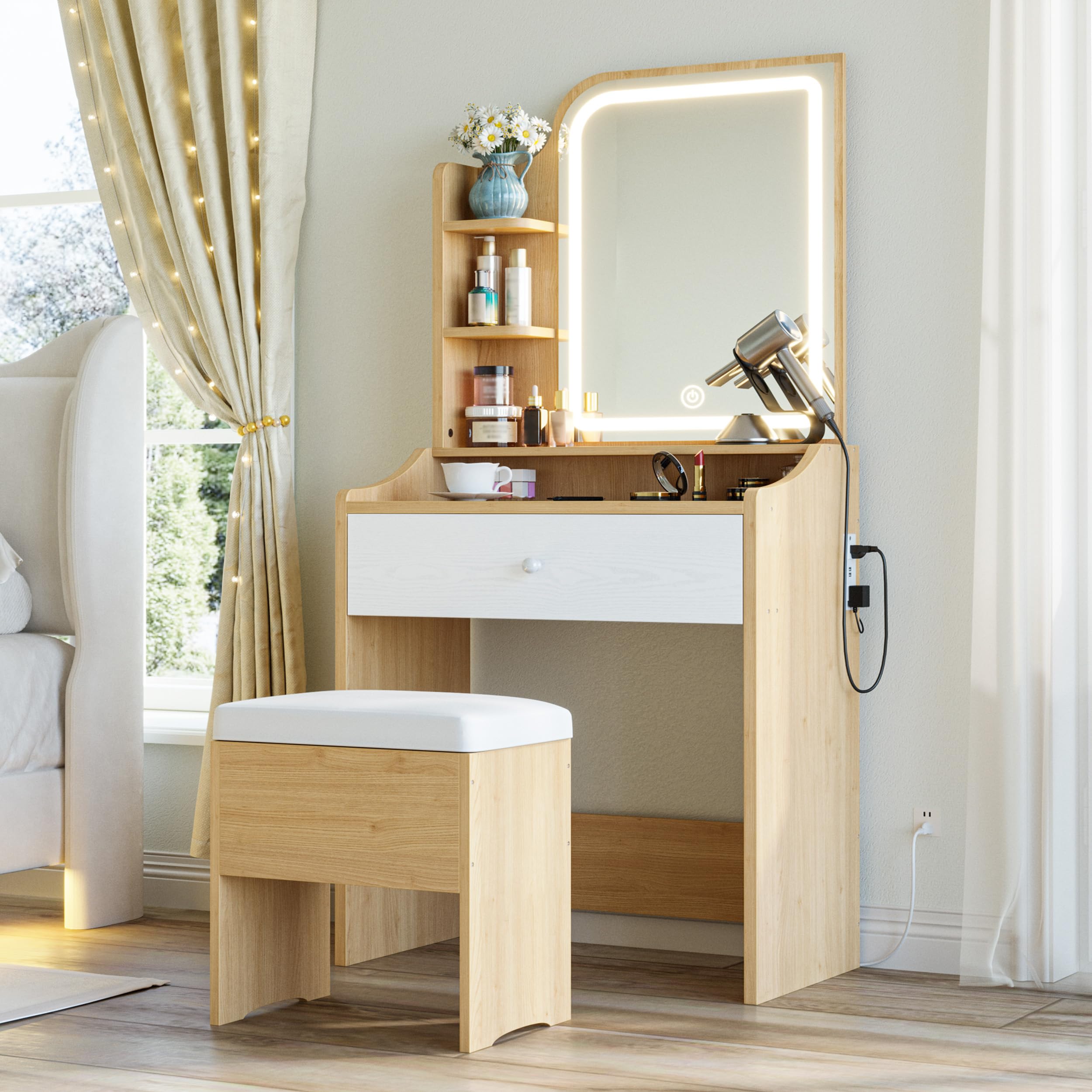 LIKIMIO Small Makeup Vanity Desk with Mirror and Lights, Vanity Table Set with Storage Drawer, Chair and Three Shelves, Bedroom,