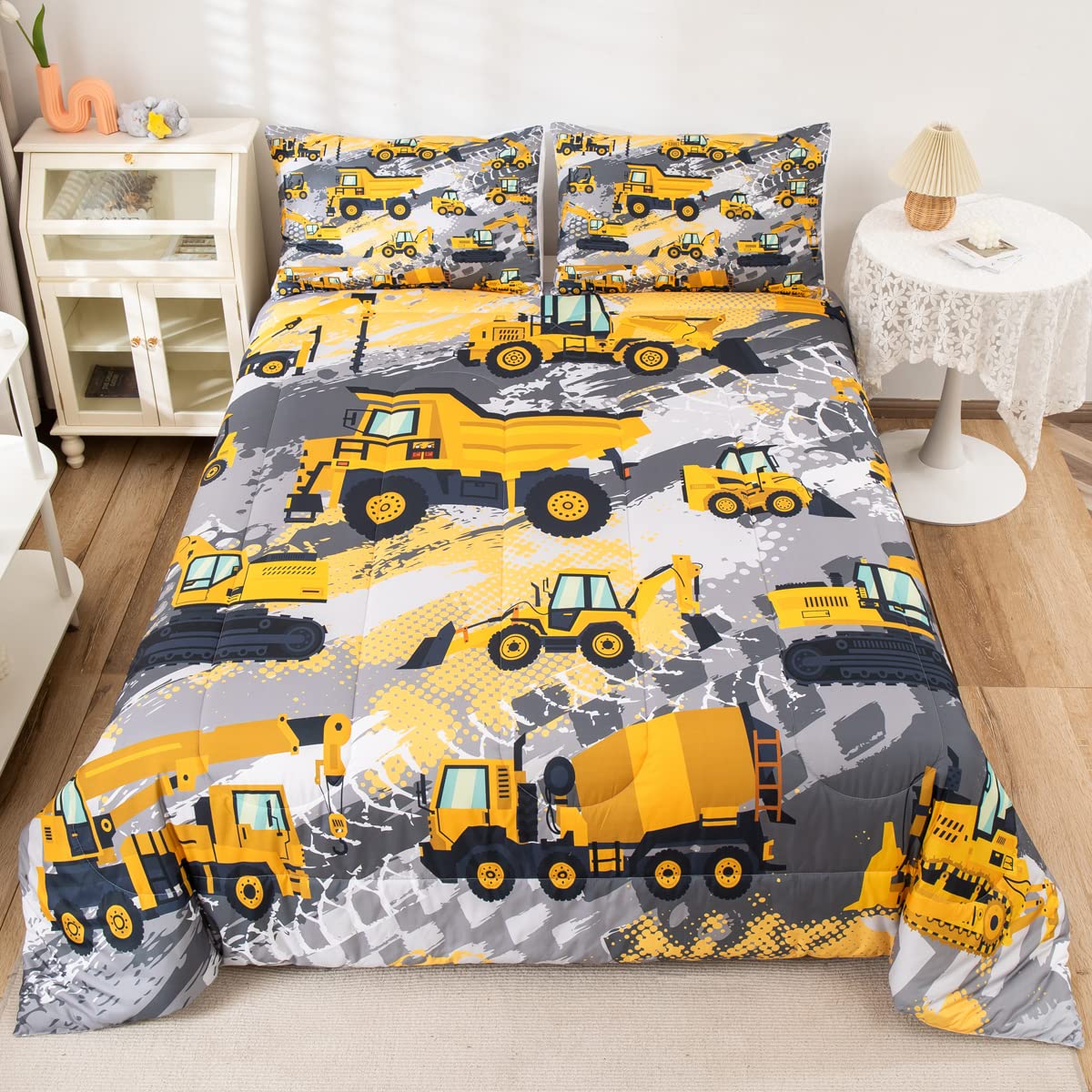 Feelyou Kids Construction Comforter Set Queen Size Bedding Sets for Boys Toddler Children Cartoon Excavator Tractor Comforter Se
