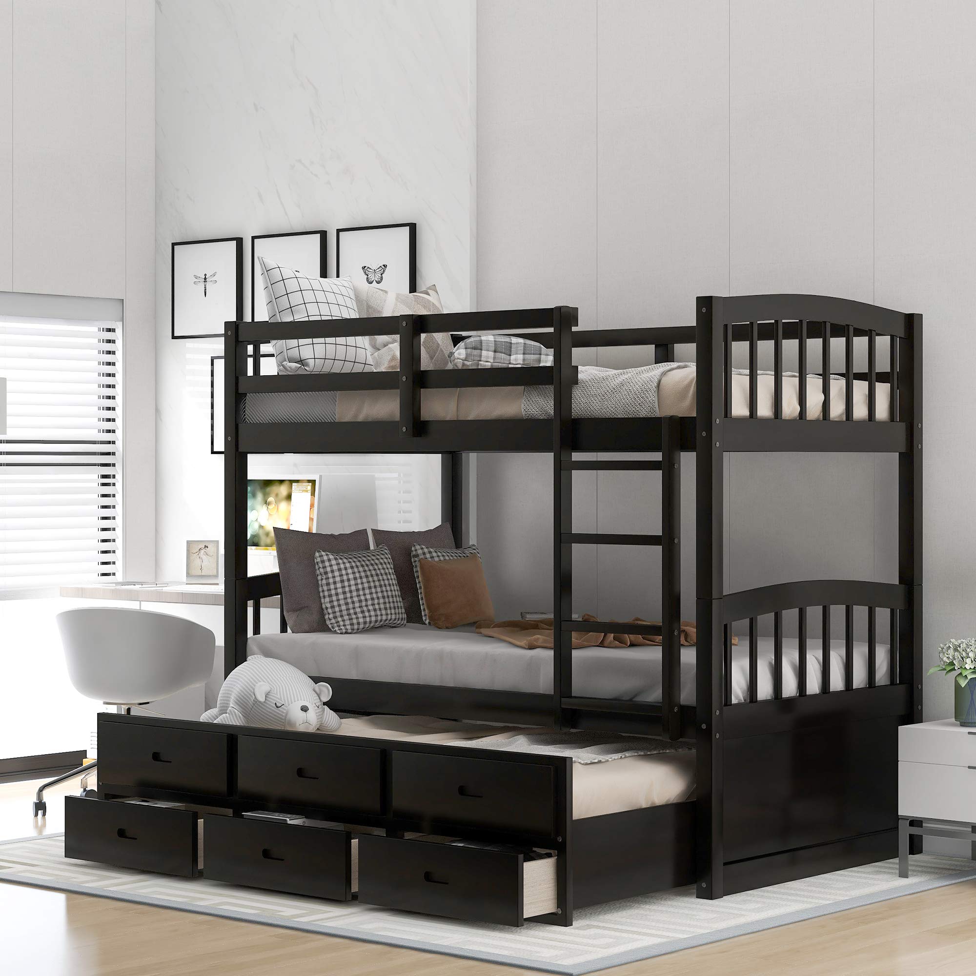 Harper&Bright Designs Twin Over Twin Bunk Bed with Safety Rail, Ladder, Twin Trundle Bed with 3 Drawers for Kids, Teens Bedroom,