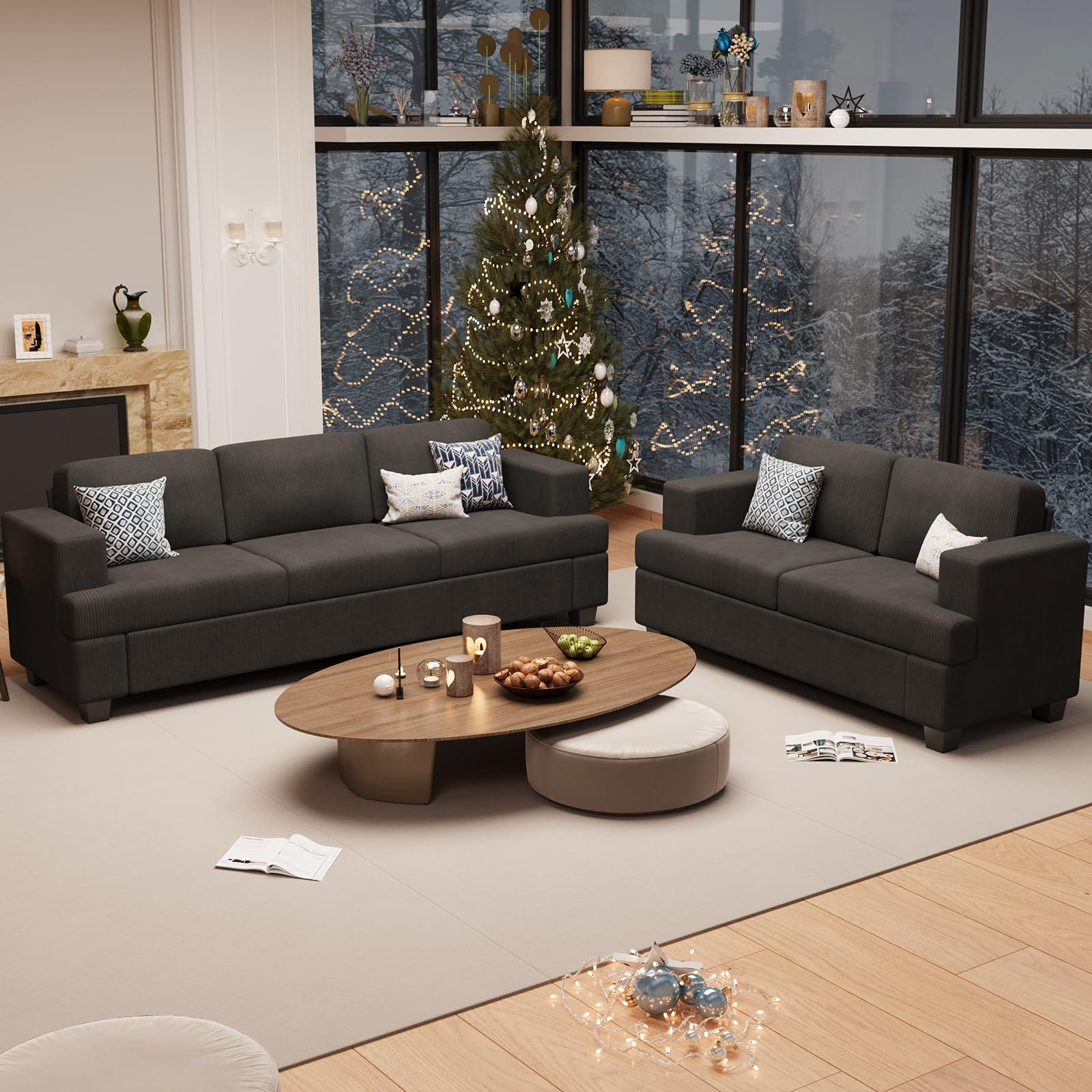 Fiona s magic 2 Pieces Corduroy Sofa Set for Living Room, Black Cloud Couch, Deep Seat Floor Couch for Bedroom, Futon Modern So