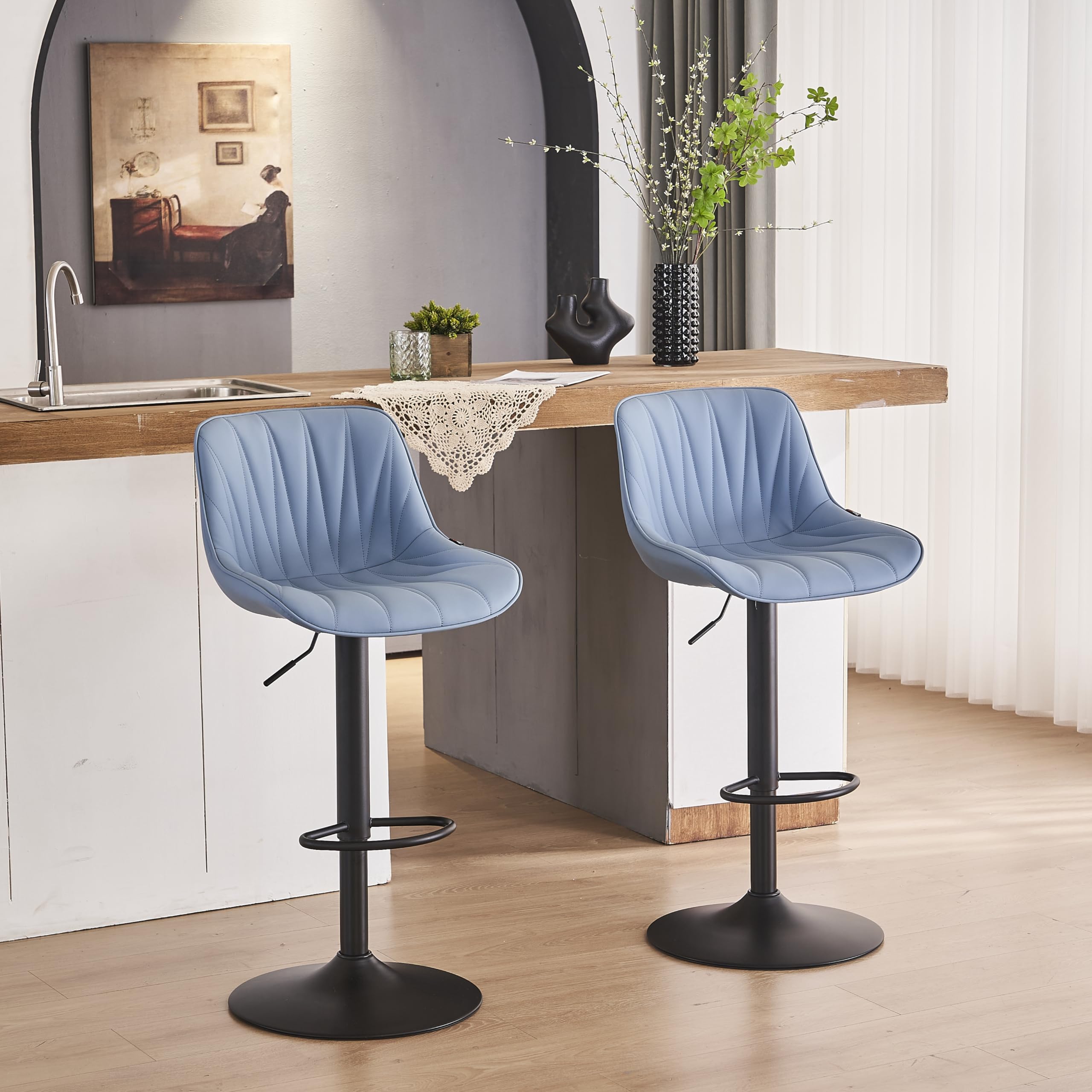 YOUNIKE Bar Stools Set of 2 for Kitchen Island, Blue Elegant Swivel Bar Chairs, Adjustable Barstools with Back, Faux Leather Pad