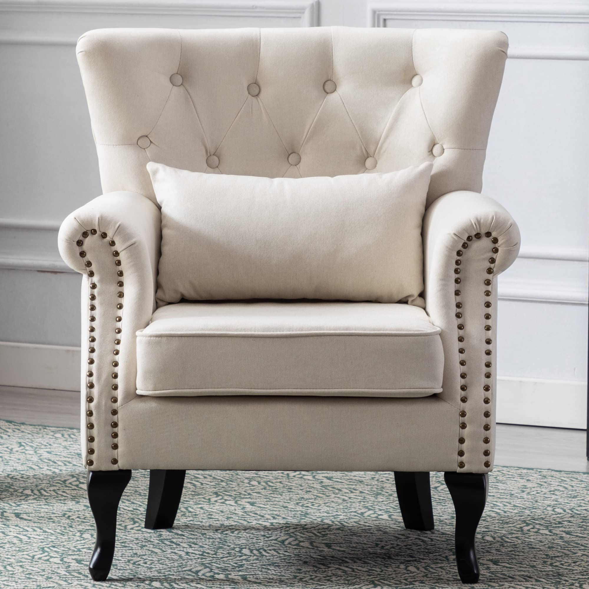 Janoray Mid Century Modern Accent Chair Upholstered Armchair Comfy Linen Fabric Single Sofa with Tufted Wingback for Small Space