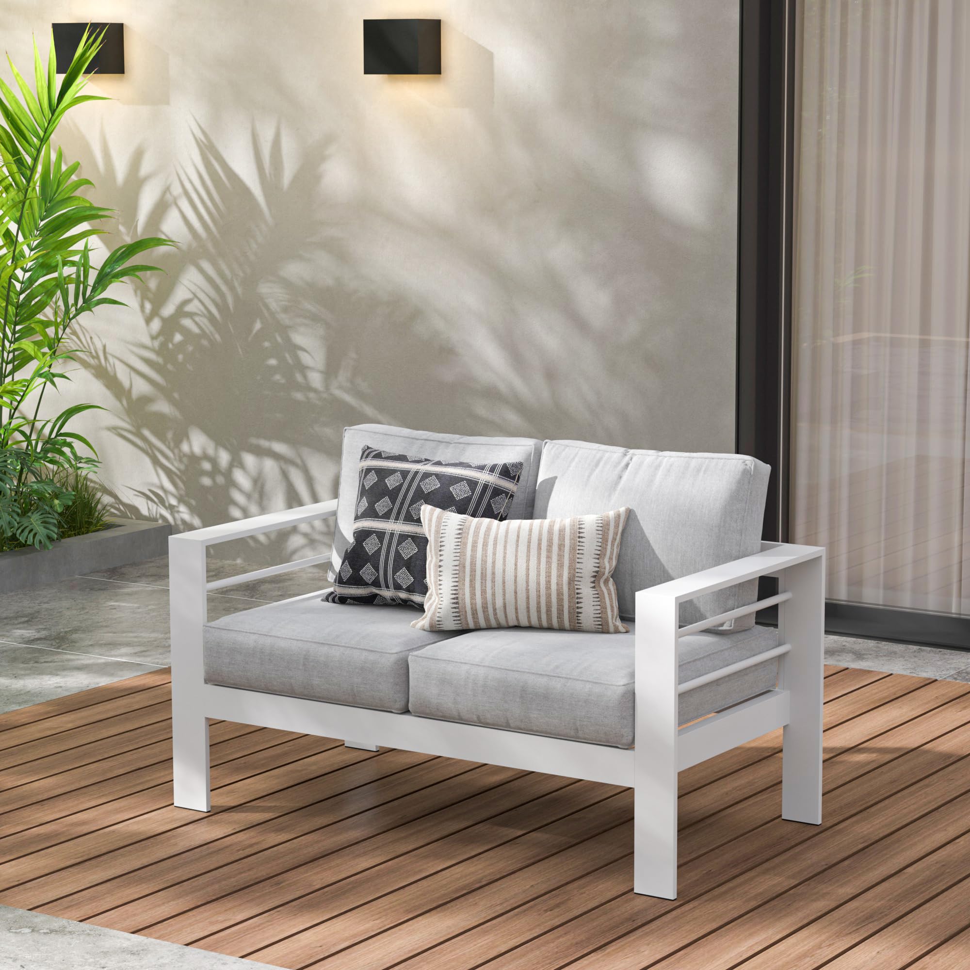 Wisteria Lane Patio Furniture Aluminum Loveseat, All-Weather Outdoor 2 Seats Sofa Couch, White Metal Chair with Light Grey Cushi