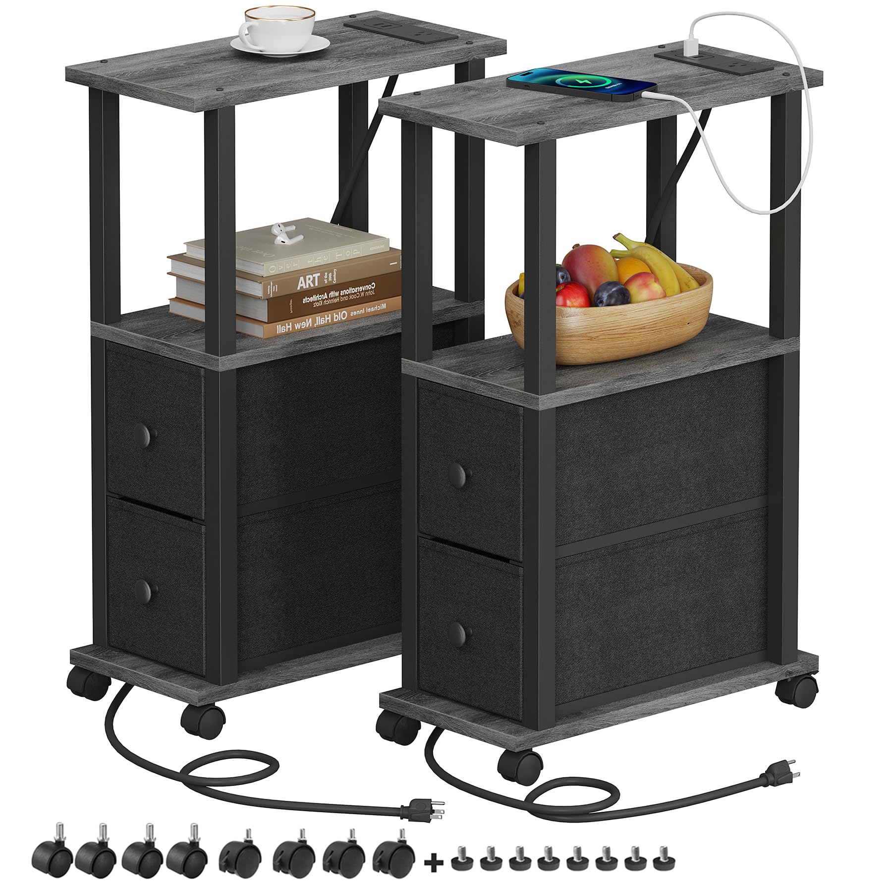 TUTOTAK Small Narrow End Tables, Side Tables with 2 Fabric Drawers, Set of 2, Bedside Tables with Charging Station for Small Spa