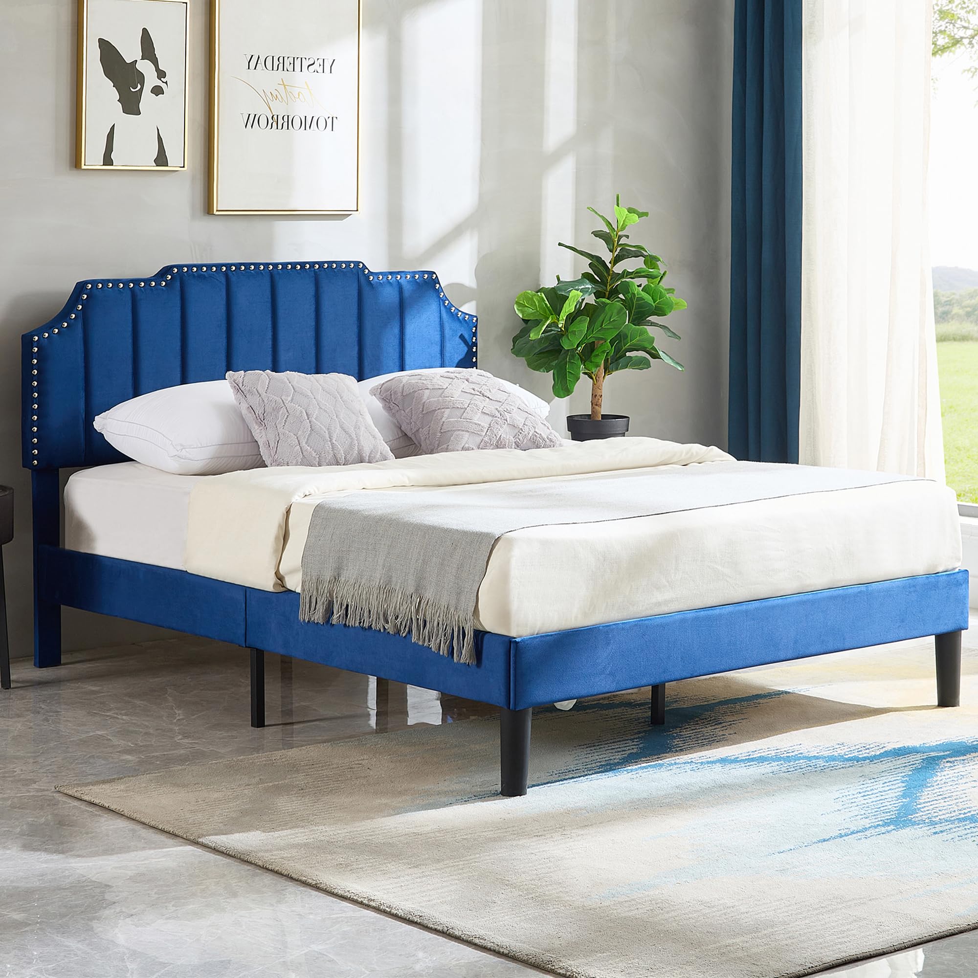 VECELO Queen Size Bed Frame Upholstered Platform with Tufted Adjustable Headboard/Mattress Foundation/Wood Slat Support,Easy Ass