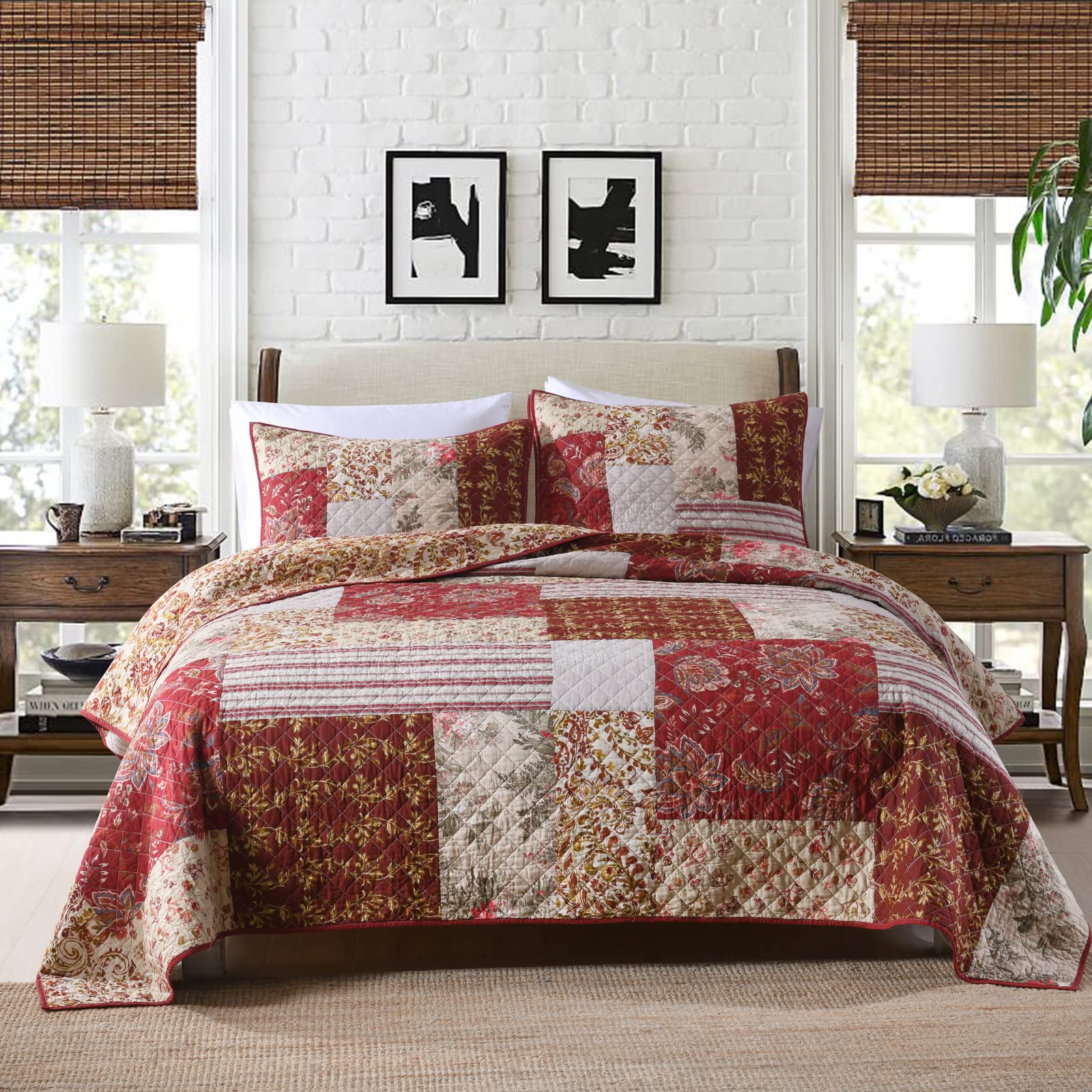 Yvooxny King Quilt Set Quilted Bedspread Country Farmhouse Cottage Vintage Ditsy Floral Paisley Style Reversible Lightweight Cov