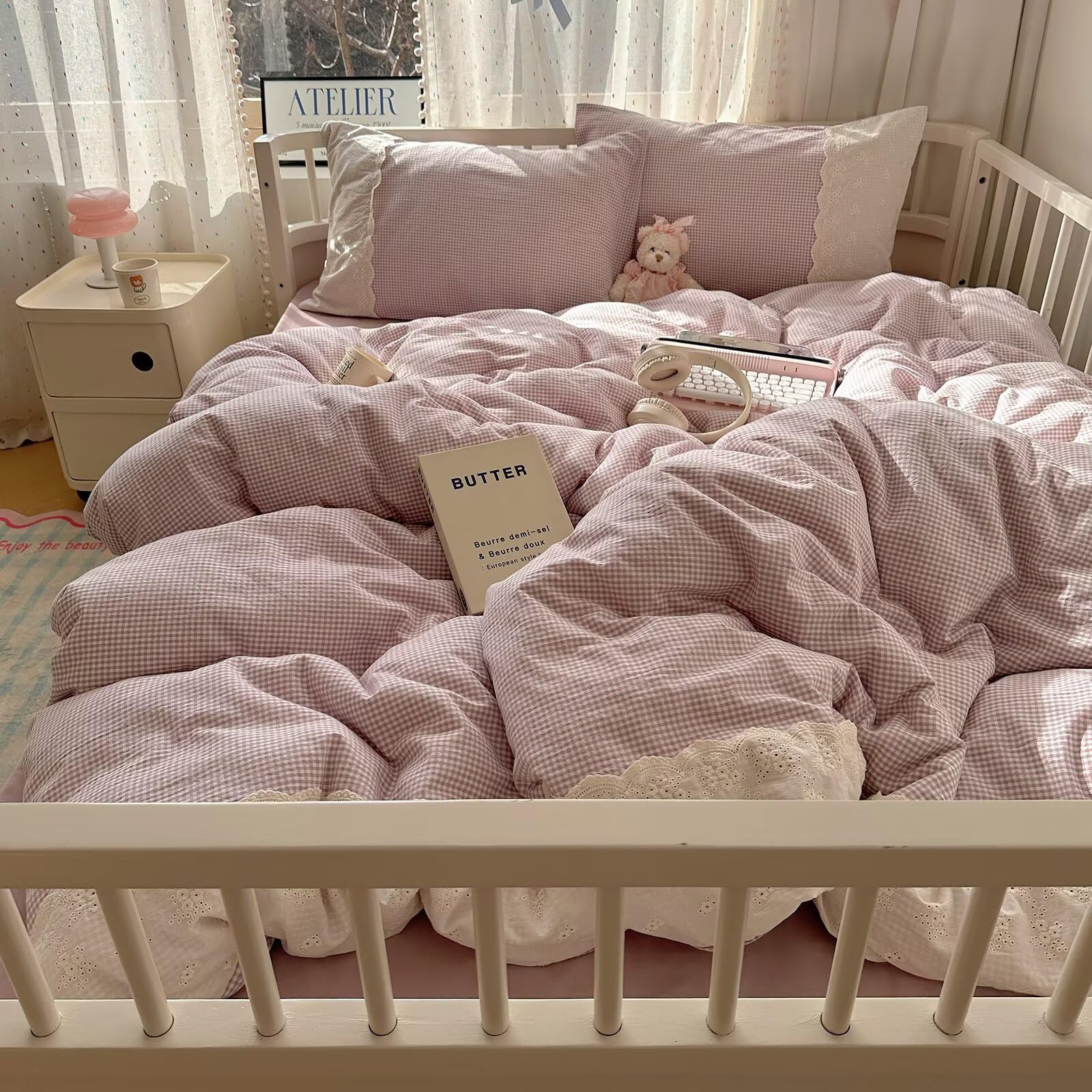 mixinni Purple White Gingham Duvet Cover Full Size - 3 Piece Cottagecore Plaid Bedding Set with Lace Trim, Soft Washed Microfibe