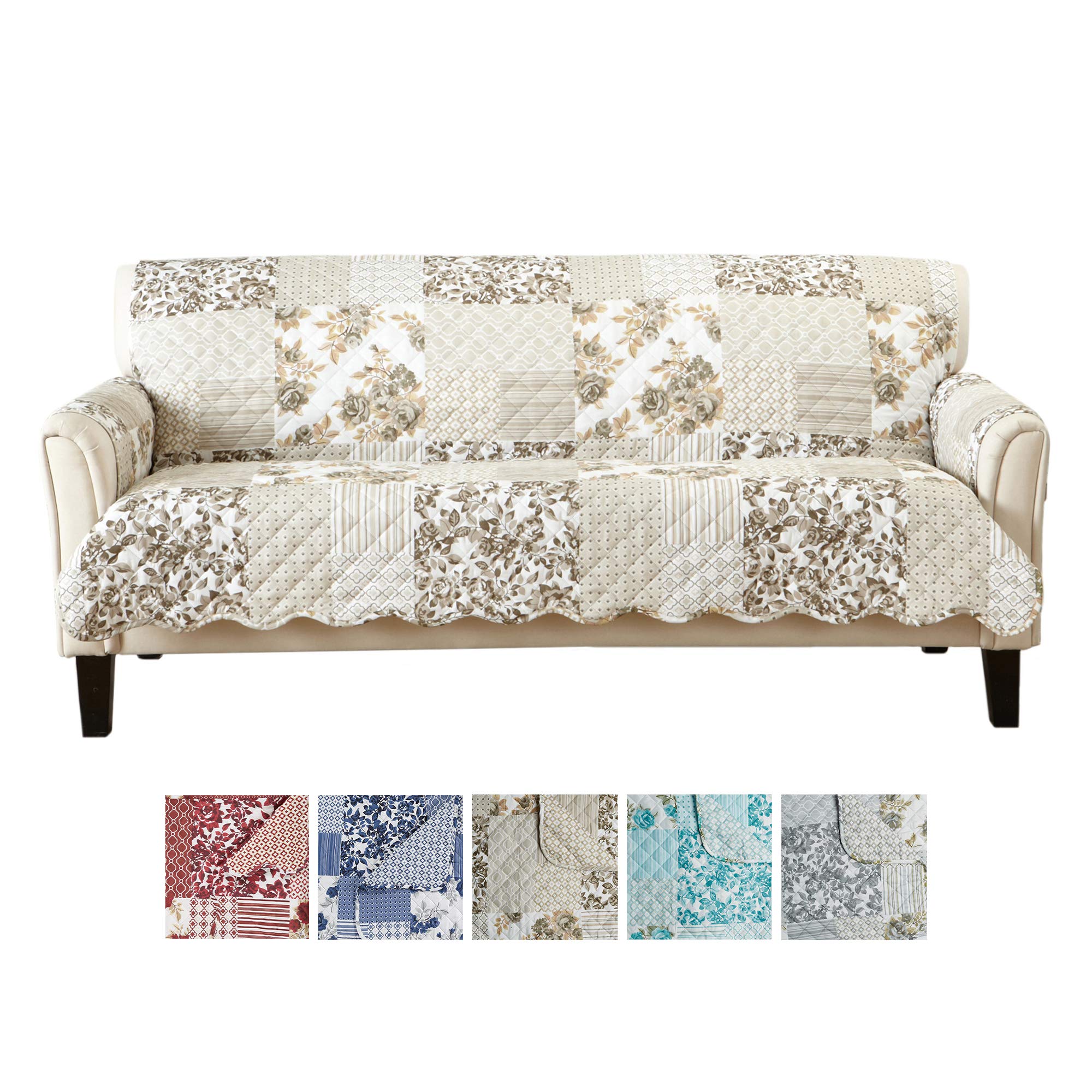 Great Bay Home Patchwork Scalloped Printed Furniture Protector Stain Resistant Sofa Cover (Sofa, Taupe)