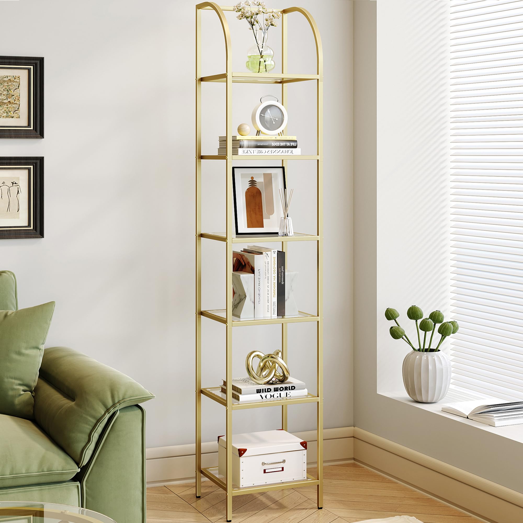 Hzuaneri Bookcase Bookshelf, Tempered Glass Arched Bookshelf for More Storage, Slim Shelving Unit for Bedroom, Bathroom, Home Of