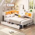 Hasuit Corner Twin Bed Frame with Storage Drawers and Bookcase Headboard, Twin Size Metal Platform Corner Bed Frame with Chargin