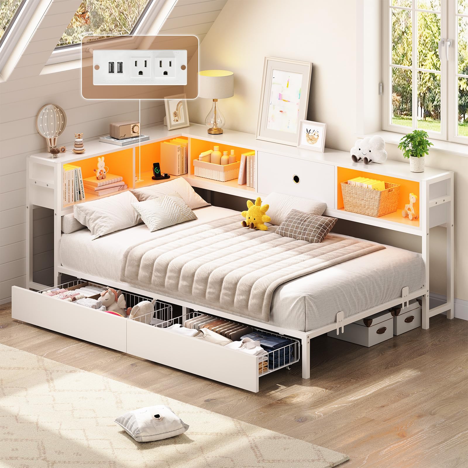 Hasuit Corner Twin Bed Frame with Storage Drawers and Bookcase Headboard, Twin Size Metal Platform Corner Bed Frame with Chargin