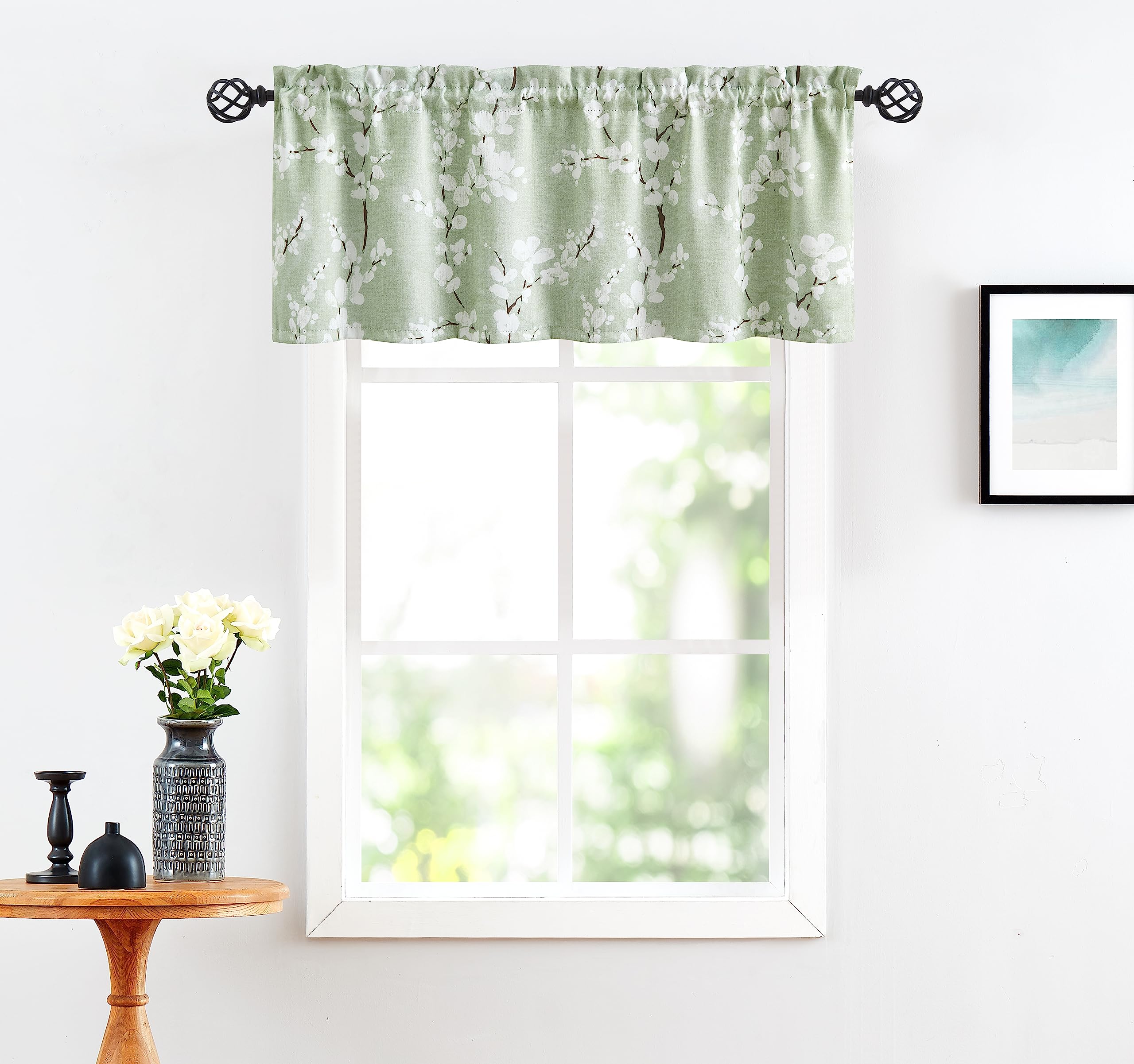 FMFUNCTEX Green Kitchen Valance Curtain for Windows Bathroom Living Room Bedroom, Blossom Blackout Window Valance Thermal Insula