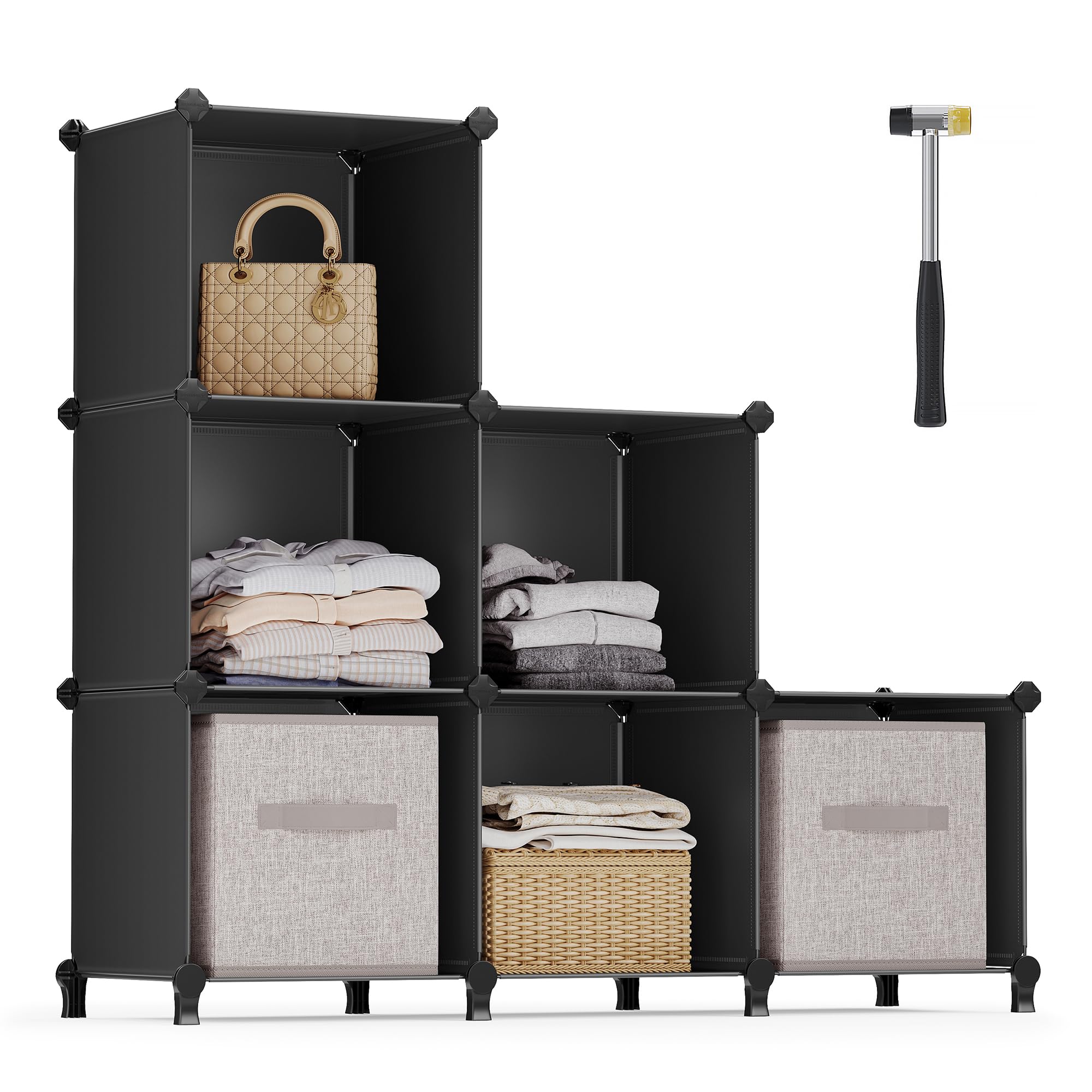 SONGMICS 6 Cube Storage Organizer, DIY Closet Shelf, Plastic Clothes Organizer, Modular Bookcase, 14.6 x 13 x 13 Inch Cubes, wit