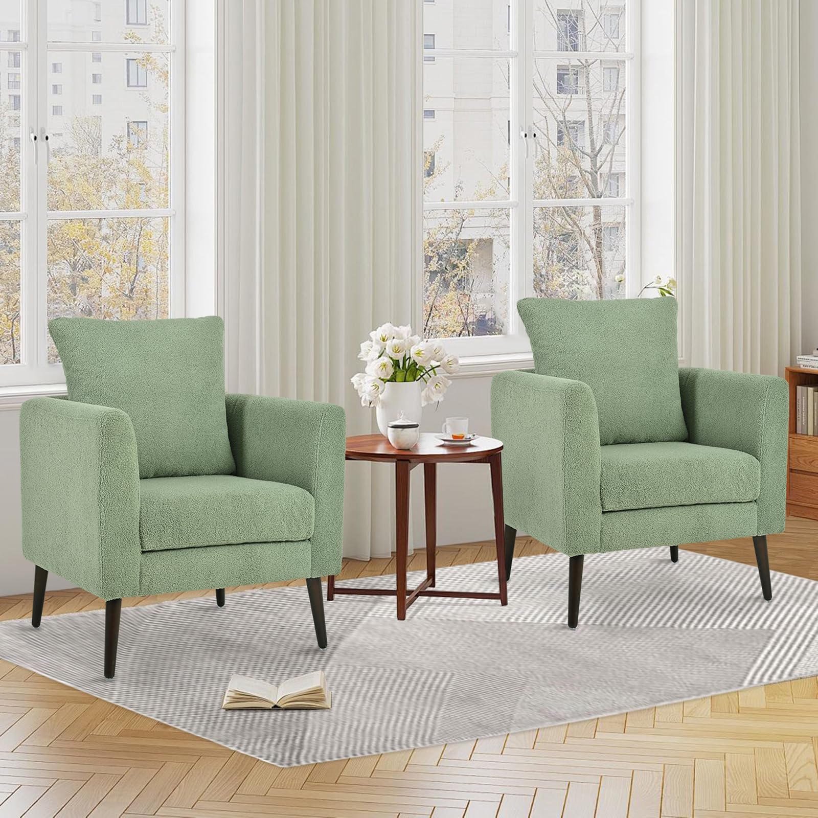 cinkehome Accent Chair Set of 2 for Living Room, Modern Upholstered Teddy Barrel Arm Chair, Large Pillow, Solid Wood Legs