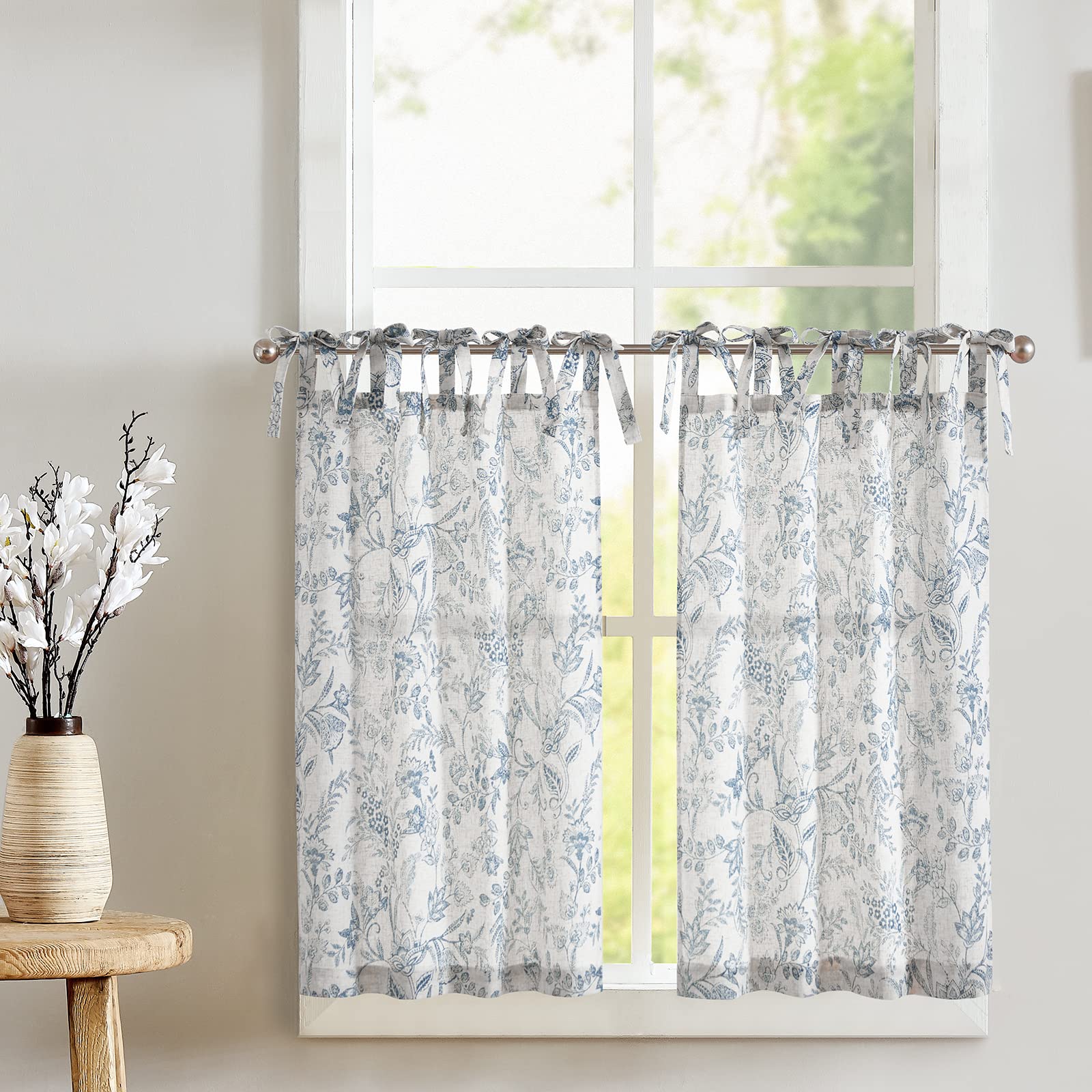 jinchan Linen Kitchen Curtains Floral Tier Curtains 24 Inch Farmhouse Cafe Curtains Tie Top Botanic Small Window Curtains Over S