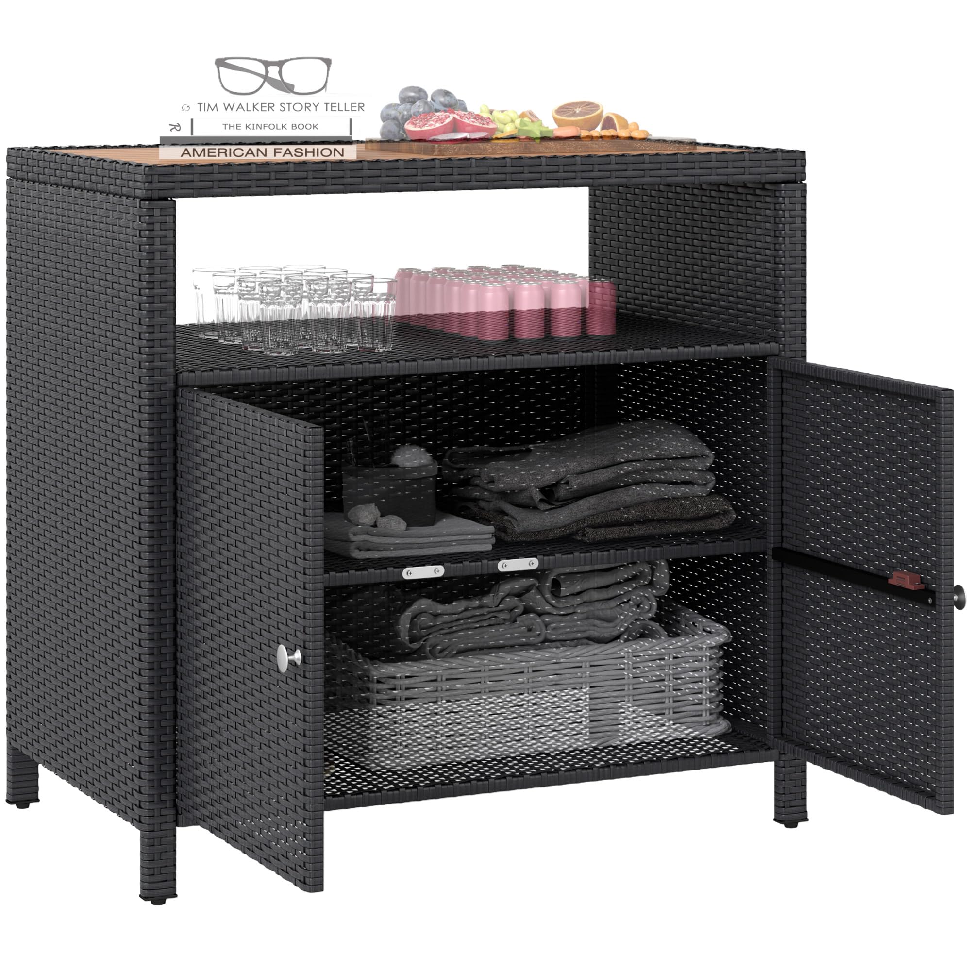 Outsunny Wicker Outdoor Storage Cabinet, Rattan Outdoor Bar Table with Acacia Wood Countertop, 2 Doors and Shelf, Buffet Cabinet