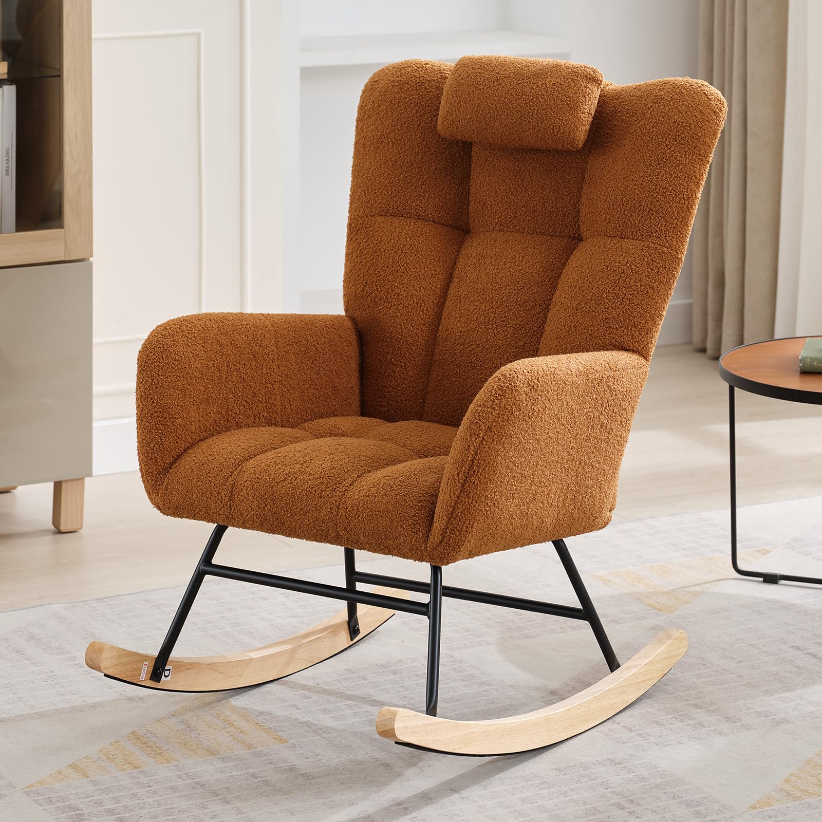 OUTGOODS Nursery Rocking Chair Upholstered Padded Seat Rocking Chair with High Backrest,Modern Accent Recliner for Living Room, 