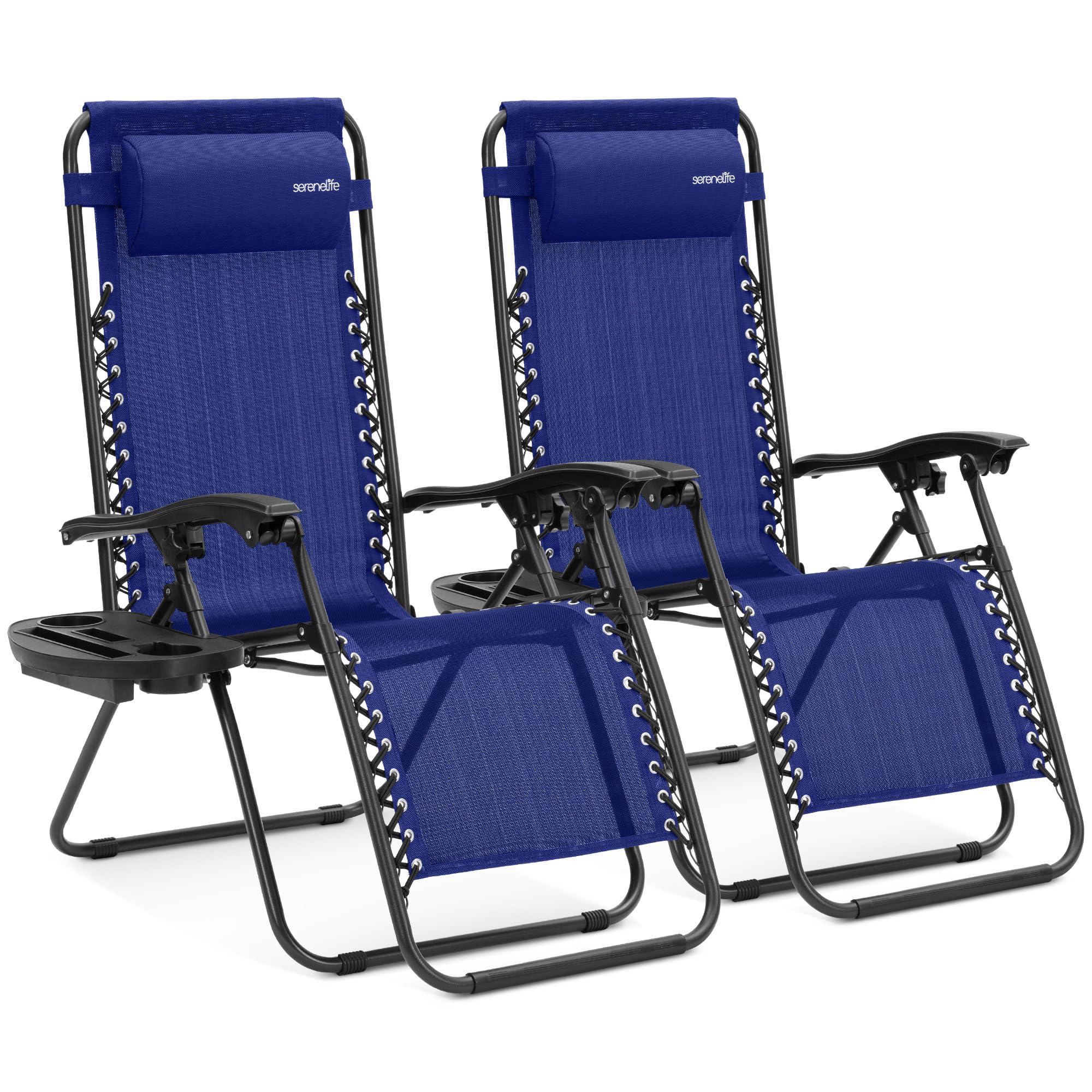 SereneLife Zero Gravity Chairs Set of 2 - Adjustable Outdoor Lounge Chairs with Side Tray, Cup Holders, Removable Pillows, Foldi