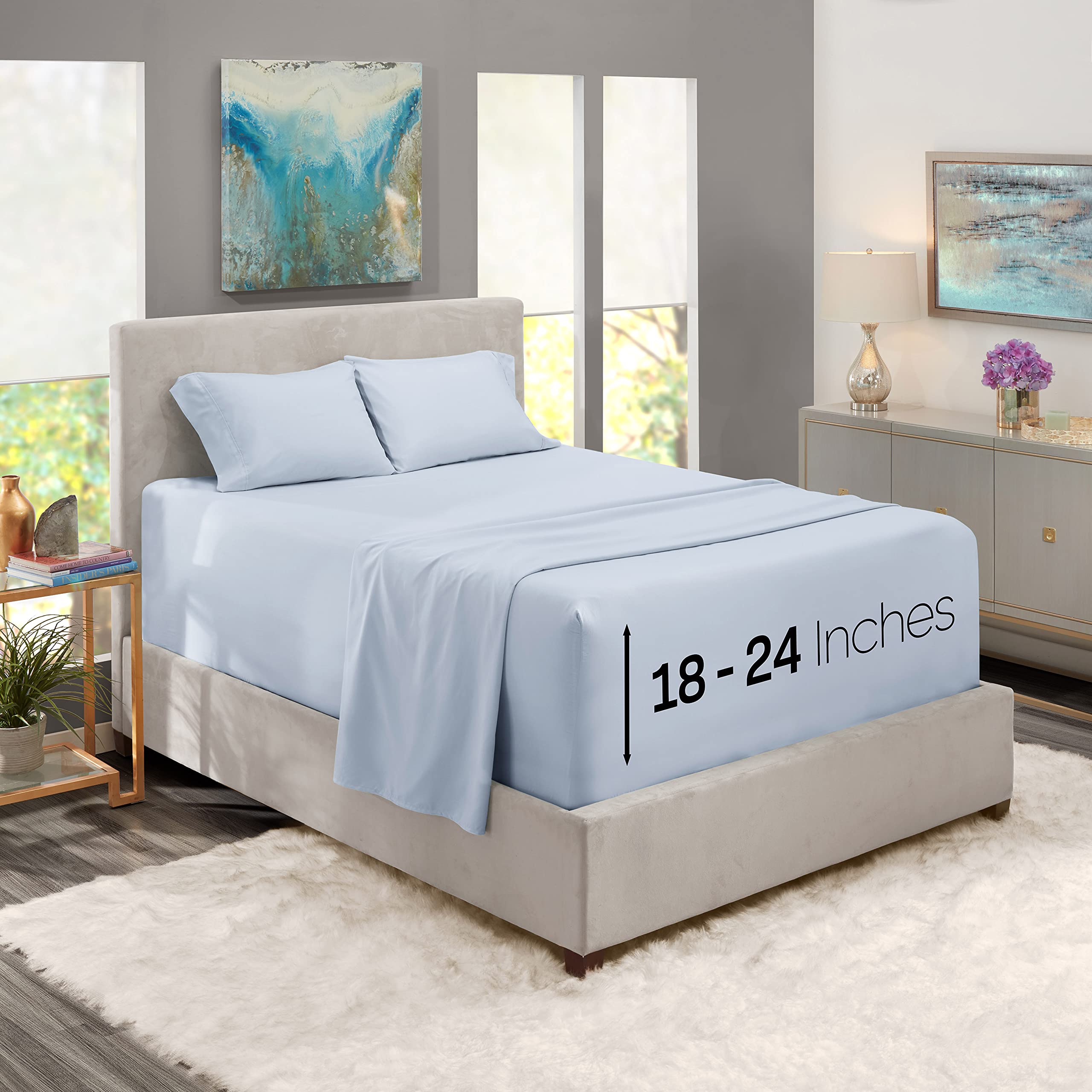 Nestl Bed Linen Set, Ice Blue, 4 Piece King Size Sheets with Extra Deep Pocket, Microfiber