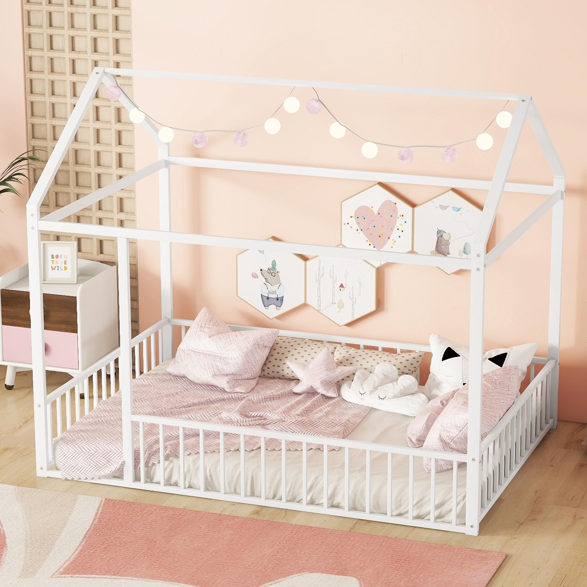 Bellemave Full Size Montessori Floor Bed, Metal House Bed Frame, House Floor Bed for Kids, Montessori Floor Bed with Fence, Play