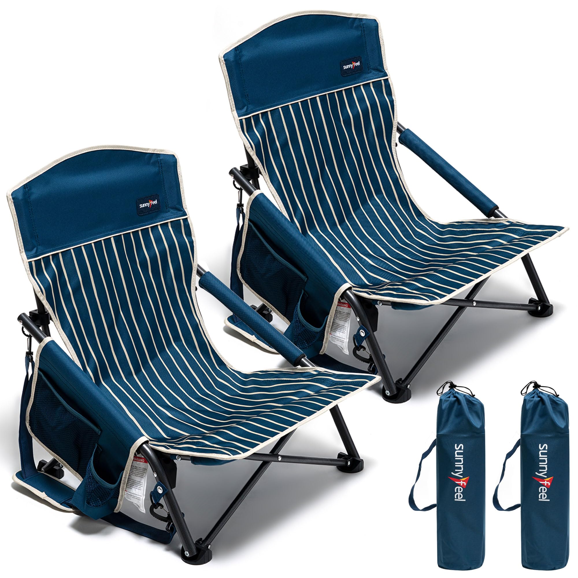 SUNNYFEEL Folding Low Camping Beach Chair 2 Pack, Portable Backpacking Chairs with Cup Holder,Carry Bag Compact & Heavy Duty for