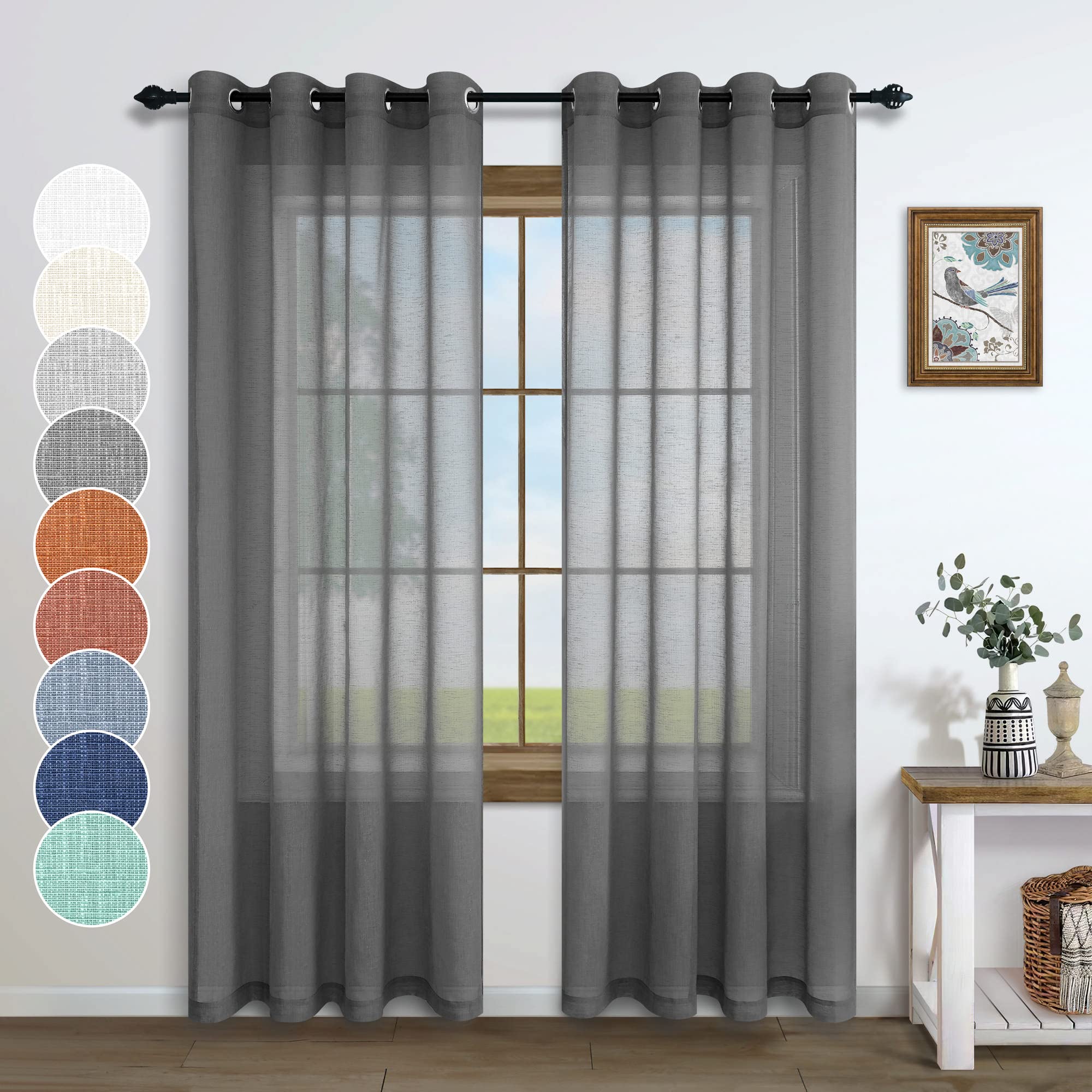 Dark Grey Sheer Curtains 96 Inches Long for Living Room Decor 2 Panels Grommet Faux Linen Semi Privacy Floor Length Masculine Cu