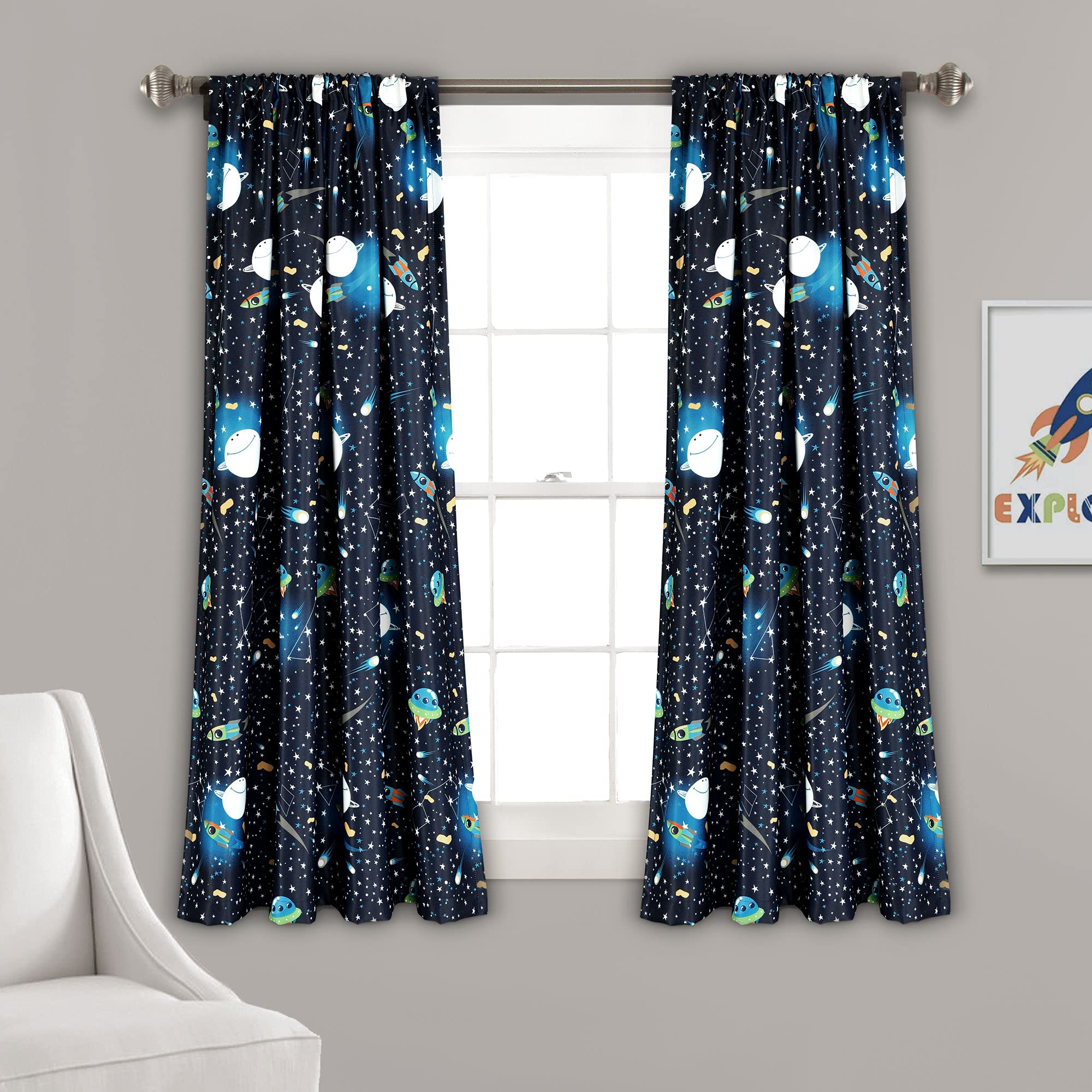 Lush Decor Universe Light Filtering Window Curtain Panel Pair, 63 Long x 52 Wide, Navy - Outer Space Room Decor for Kids