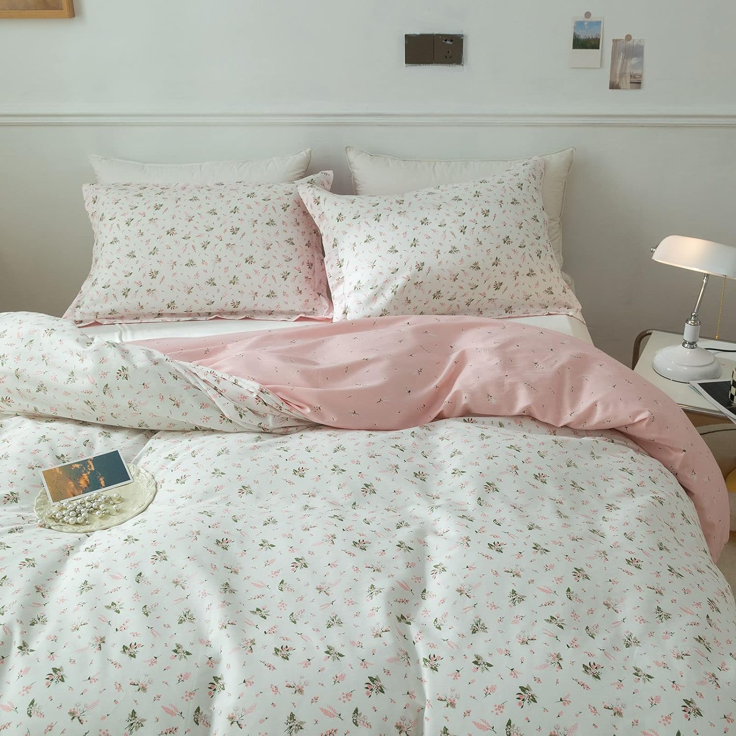 AMWAN Pink Floral Duvet Cover Full Size Cotton Garden Bedding Sets Kids Girls White Comforter Aesthetic Botanical Vintage Flower