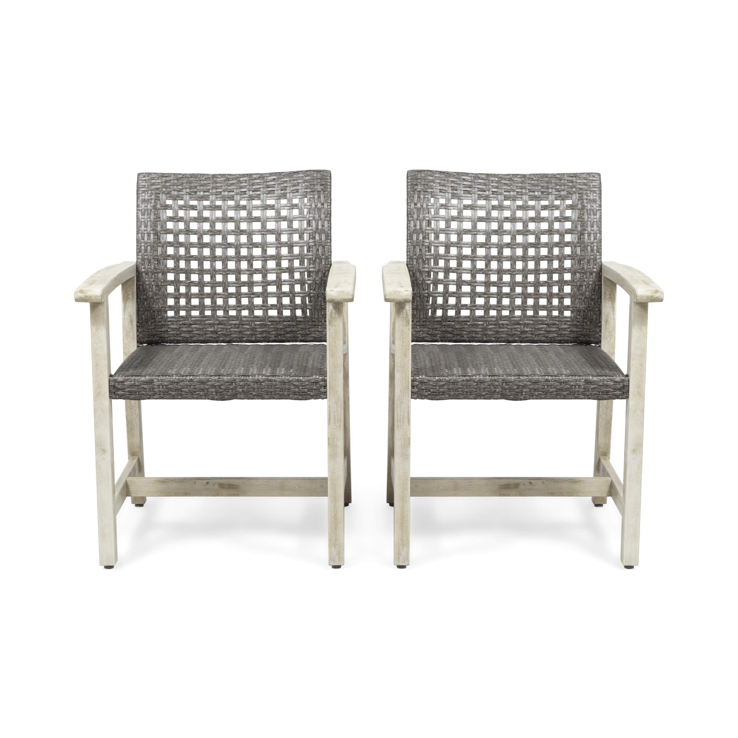 Great Deal Furniture Eartha Outdoor Acacia Wood and Wicker Dining Chair (Set of 2), Light Gray Wash and Mix Black