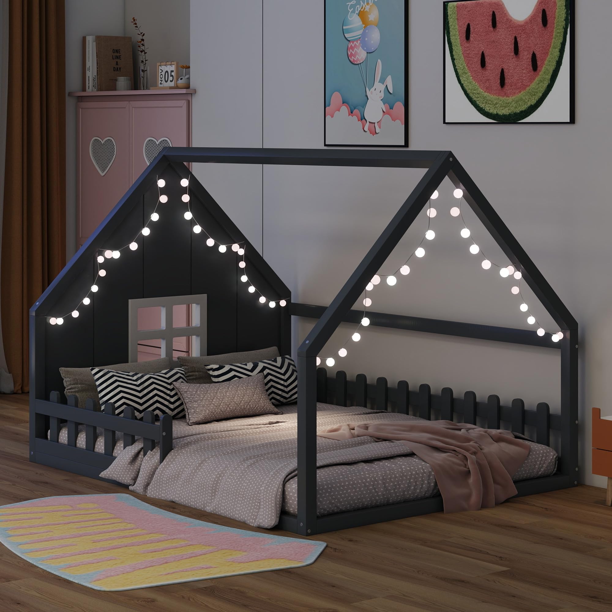 Merax Montessori Bed Frame with High Fence, Montessori Floor Bed Full Size, House Floor Bed/Full Floor Bed for Kids, Girls, Boys