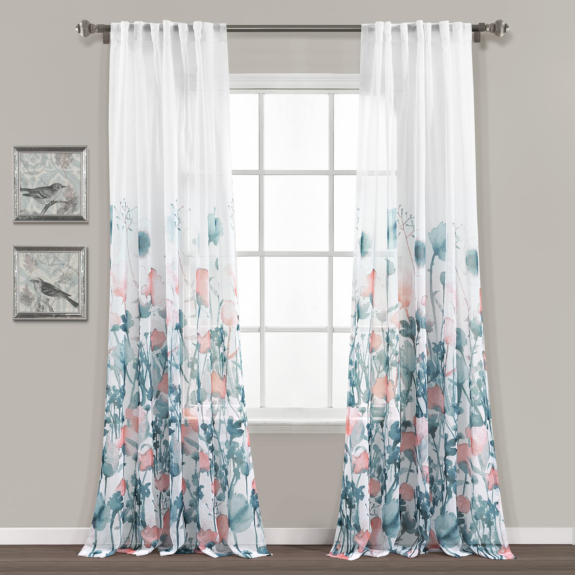 Lush Decor Zuri Flora Sheer Window Curtain Panel Pair, 84 Long x 38 Wide, Blue & Coral