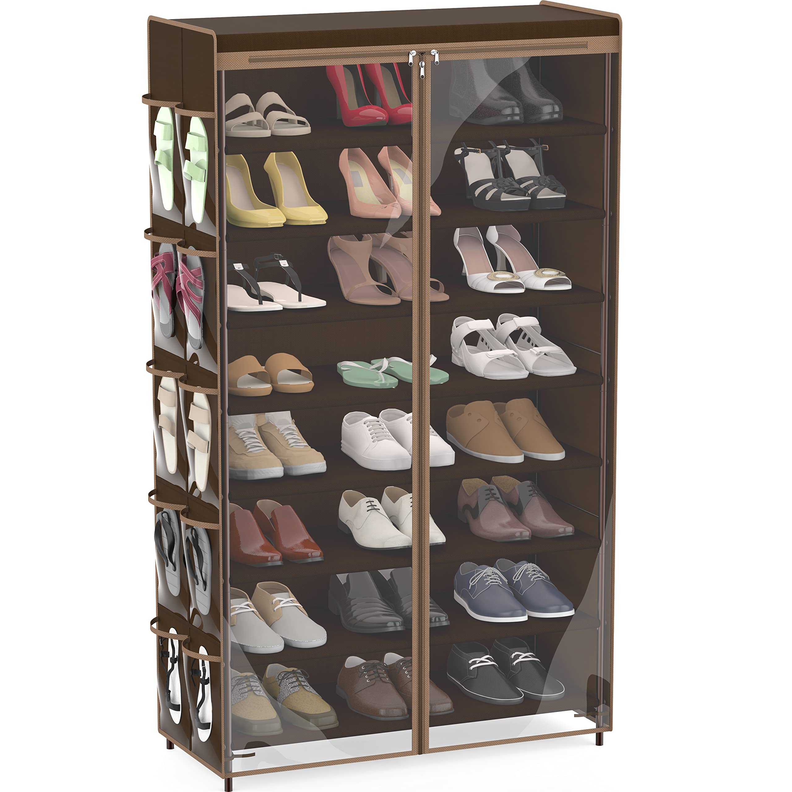 Simple Houseware 8 Tiers Shoe Rack with 10 Hanging Side Pockets and Clear Cover, Bronze